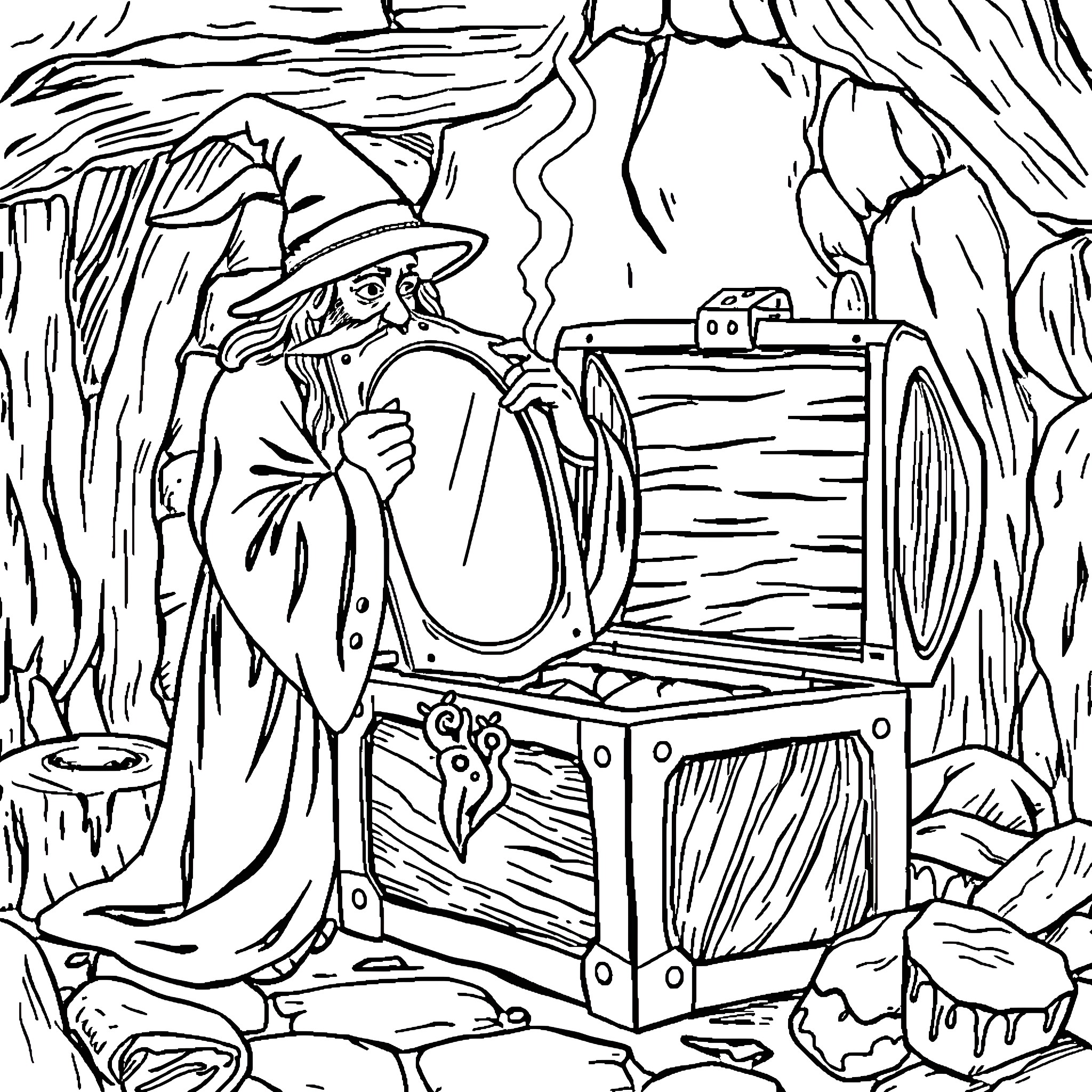 Wizard Examining Mysterious Treasure Chest in Forest Coloring Page (free black-and-white line drawing printable PDF for all, from beginners to advanced learners, including children, teens, adults, and seniors)