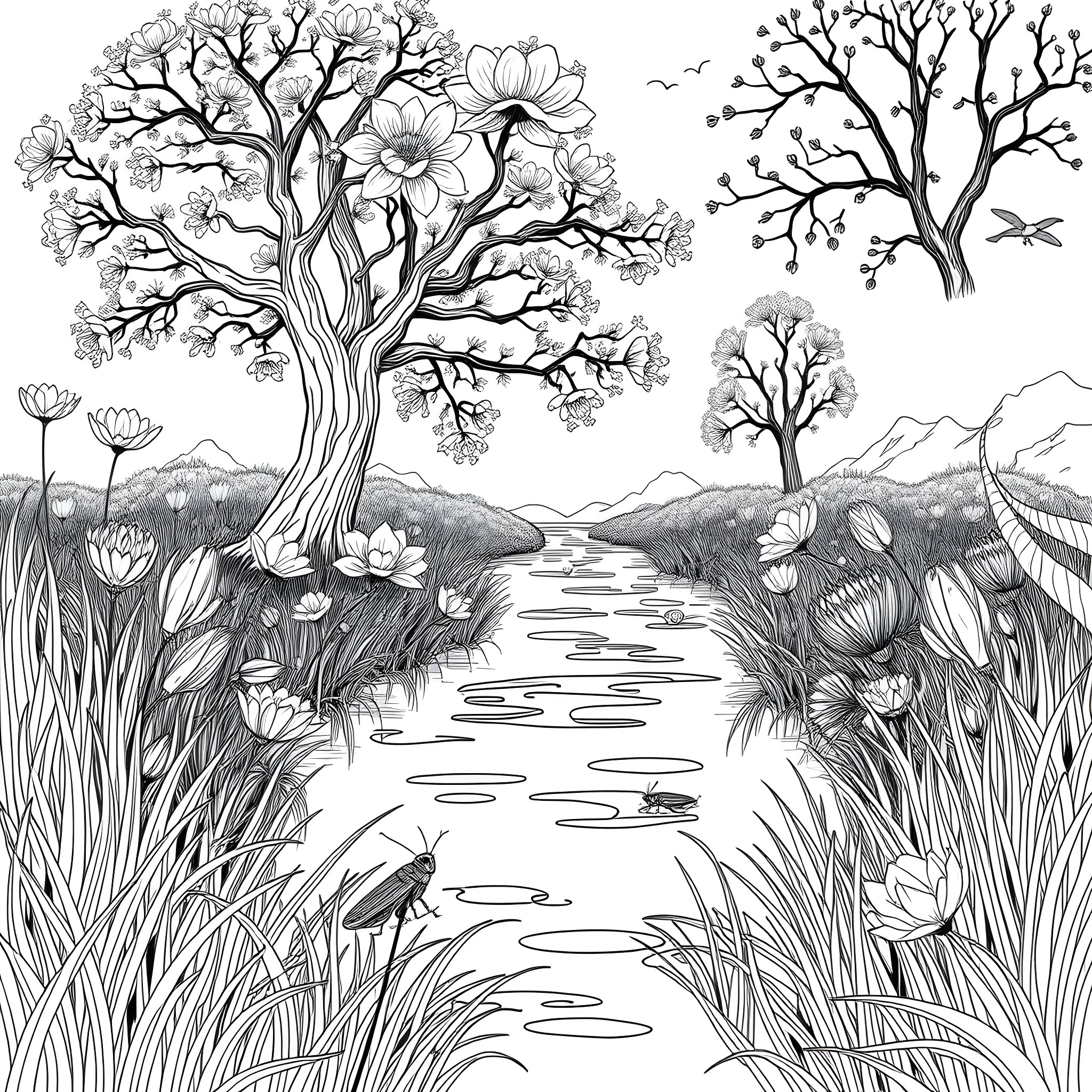 Grasshopper exploring the enchanted floral landscape Coloring Page (free black-and-white line drawing printable PDF for all, from beginners to advanced learners, including children, teens, adults, and seniors)