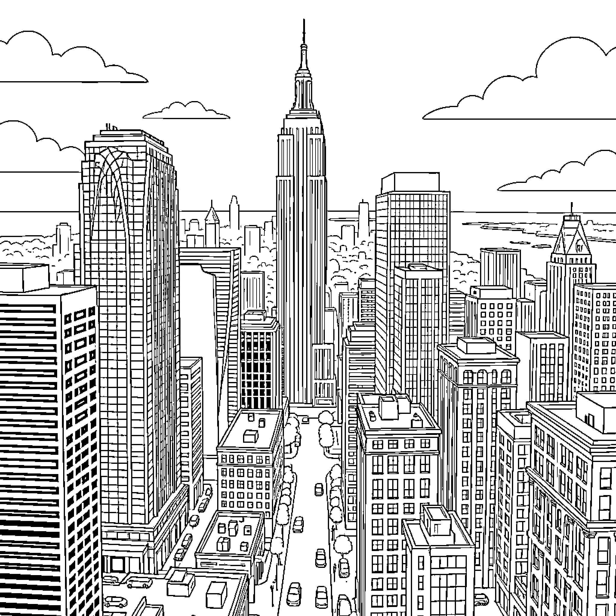 New York Building Skyline with Towering Skyscrapers Coloring Page (free black-and-white line drawing printable PDF for all, from beginners to advanced learners, including children, teens, adults, and seniors)