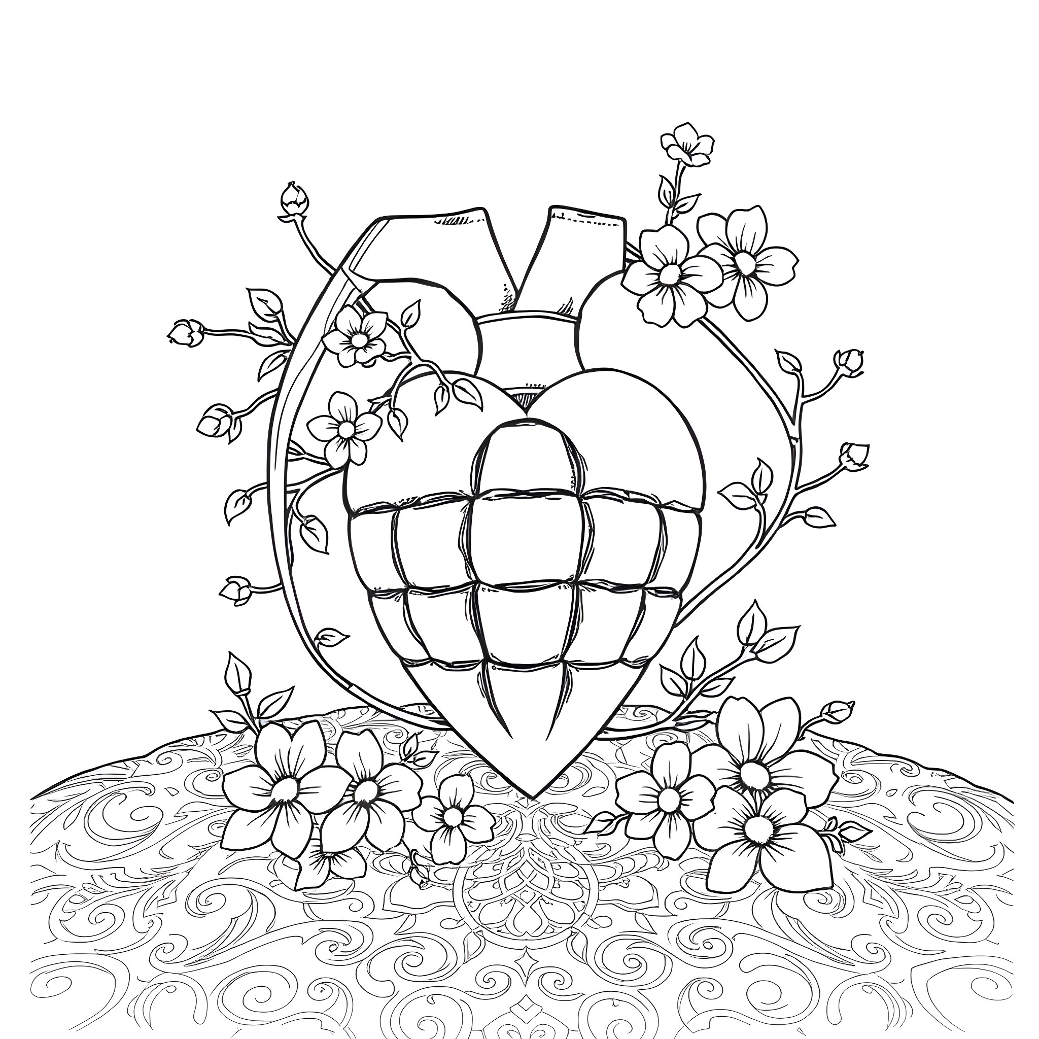 Heart Filled with Floral Beauty Coloring Page (free black-and-white line drawing printable PDF for all, from beginners to advanced learners, including children, teens, adults, and seniors)