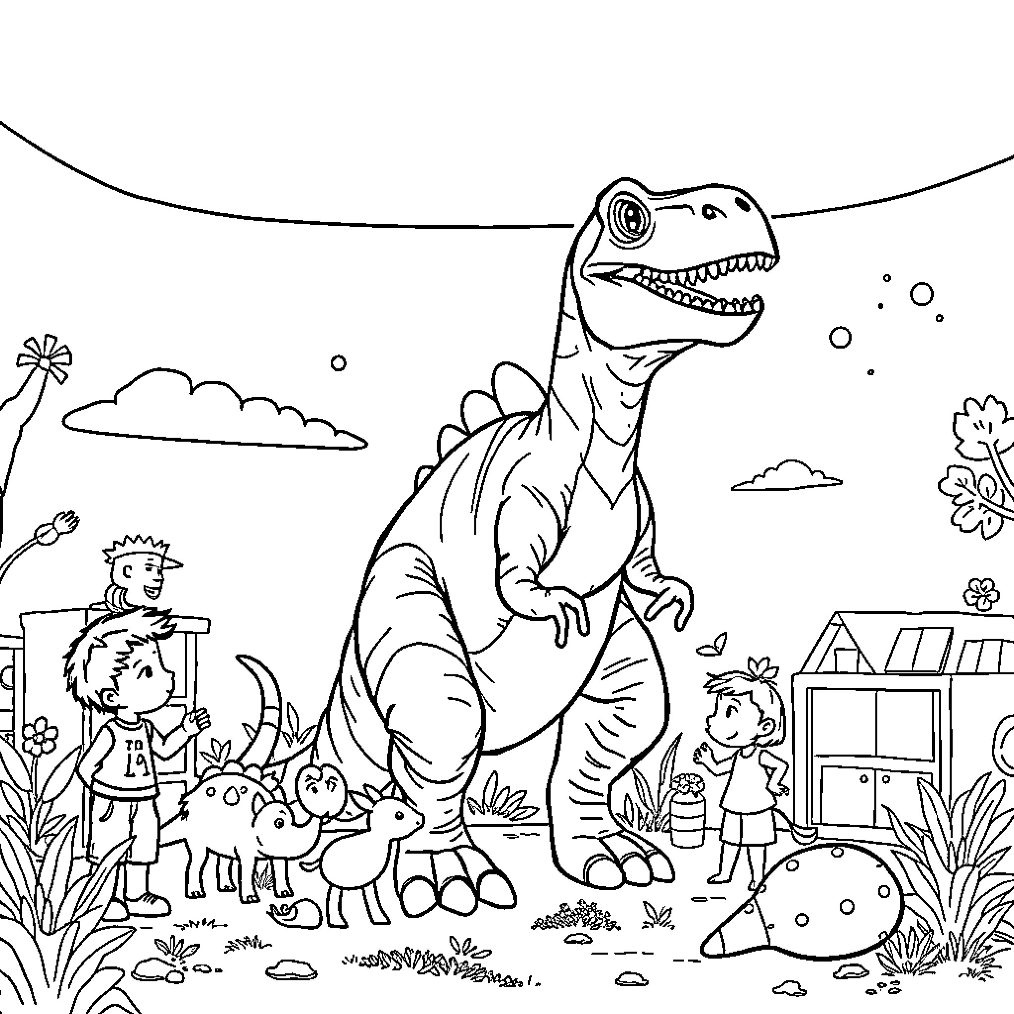 Tiranosaurio in a playful outdoor scene with children Coloring Page (free black-and-white line drawing printable PDF for all, from beginners to advanced learners, including children, teens, adults, and seniors)