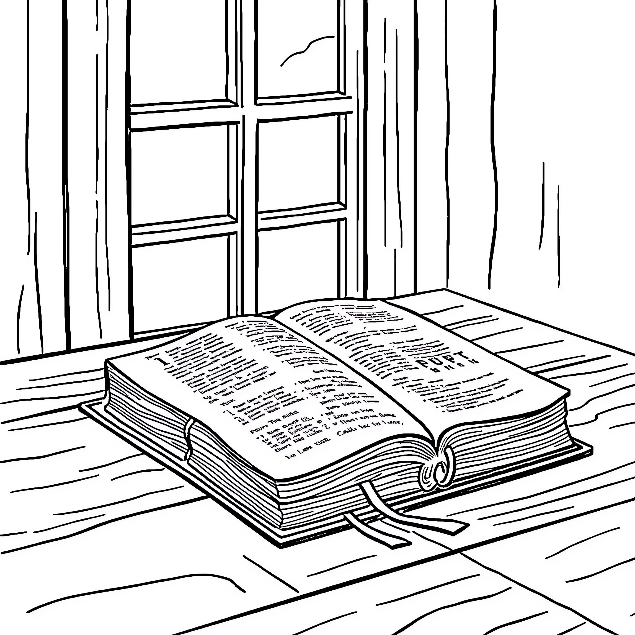 Bible open on a wooden table by a window Coloring Page (free black-and-white line drawing printable PDF for all, from beginners to advanced learners, including children, teens, adults, and seniors)