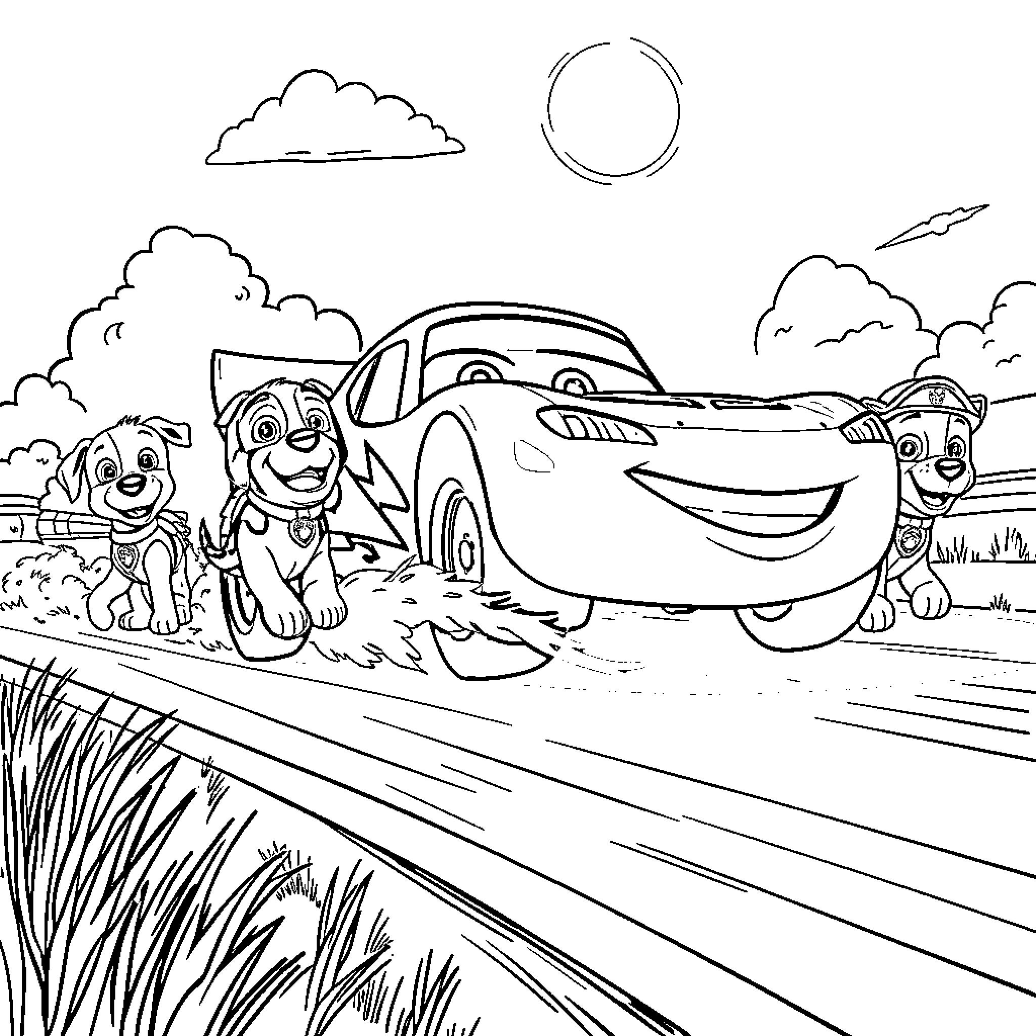 Flash McQueen Racing with Paw Patrol Pups Coloring Page (free black-and-white line drawing printable PDF for all, from beginners to advanced learners, including children, teens, adults, and seniors)
