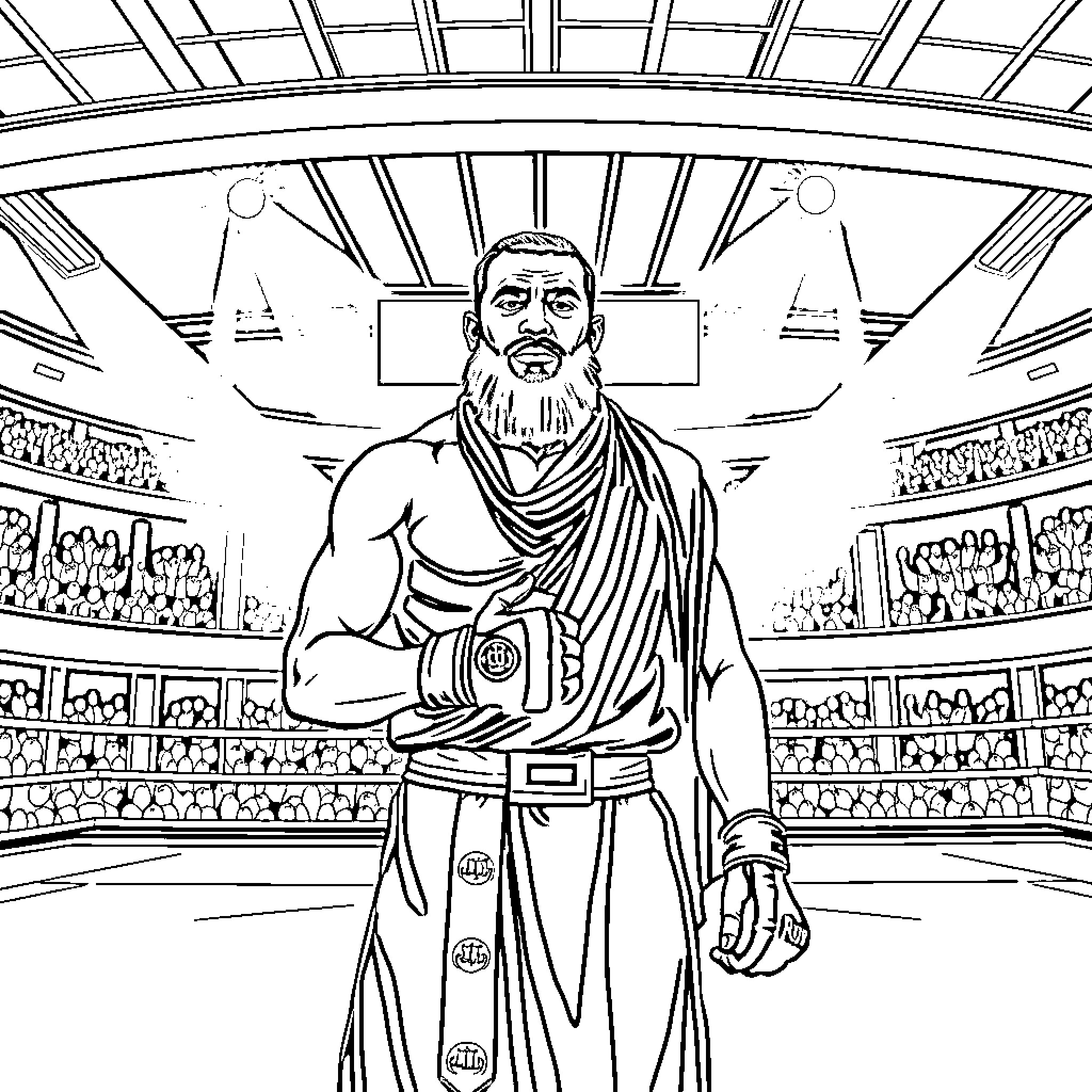 Fighter stands proudly in arena Coloring Page (free black-and-white line drawing printable PDF for all, from beginners to advanced learners, including children, teens, adults, and seniors)