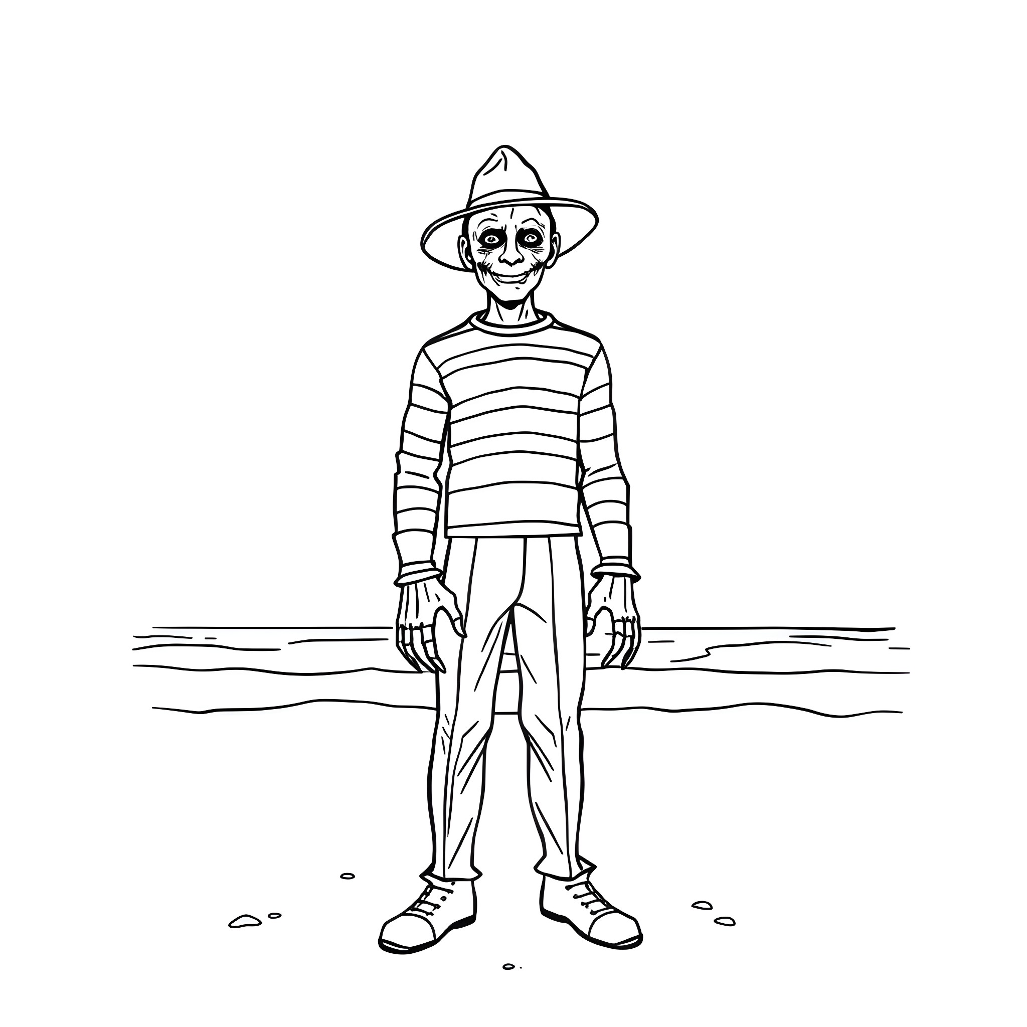 Freddy Krueger in Casual Attire Coloring Page (free black-and-white line drawing printable PDF for all, from beginners to advanced learners, including children, teens, adults, and seniors)
