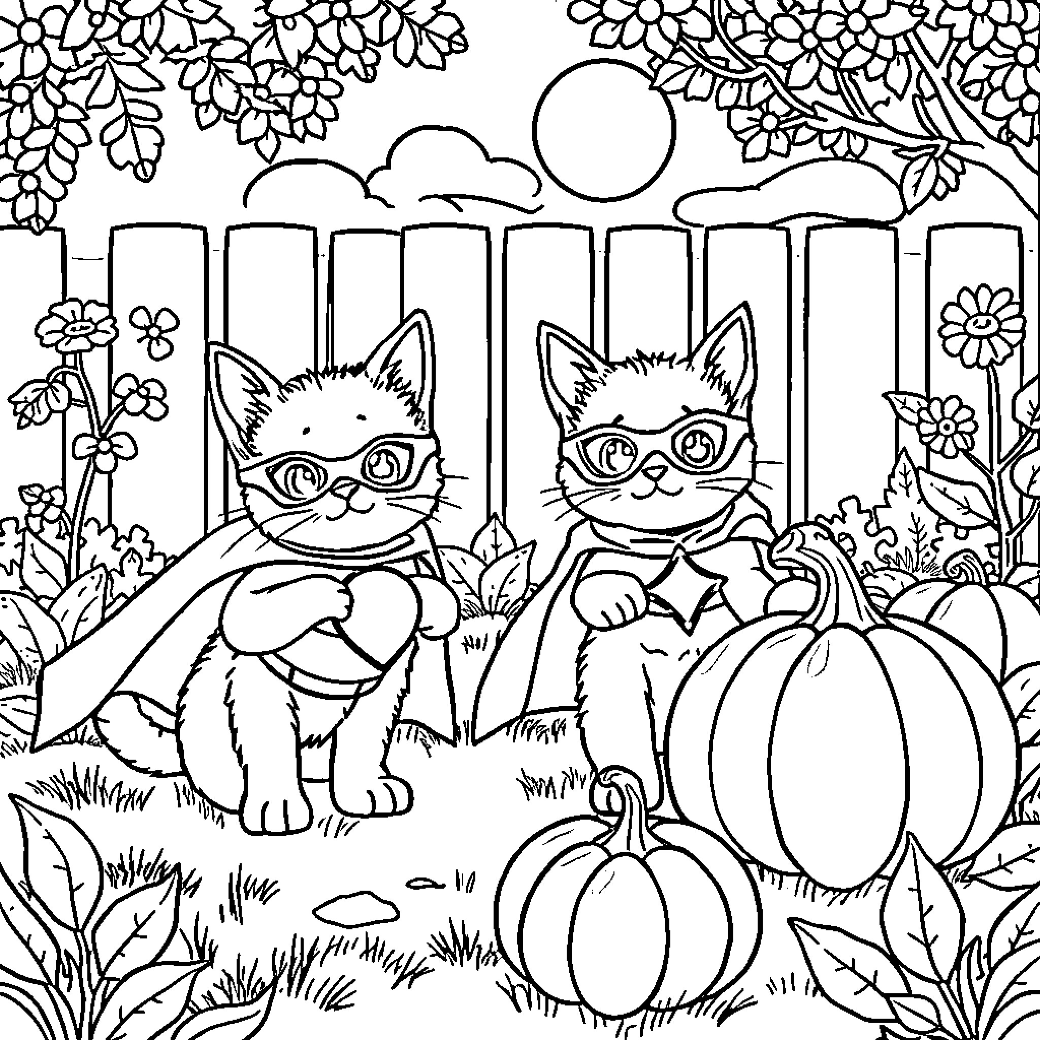 Kitty Cats Enjoying Autumn Scenery Coloring Page (free black-and-white line drawing printable PDF for all, from beginners to advanced learners, including children, teens, adults, and seniors)