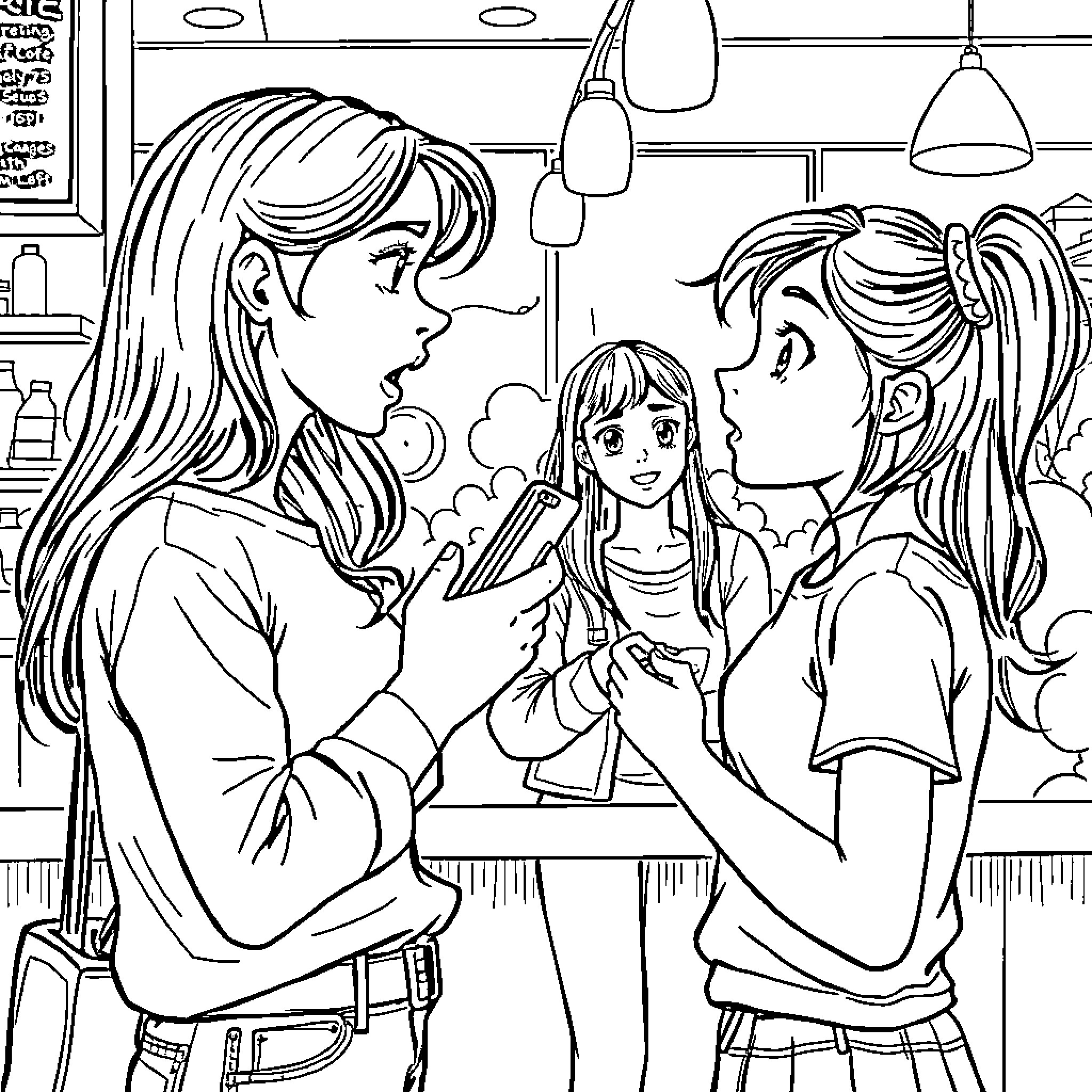 Girl Talking with Friends in Cozy Cafe Coloring Page (free black-and-white line drawing printable PDF for all, from beginners to advanced learners, including children, teens, adults, and seniors)