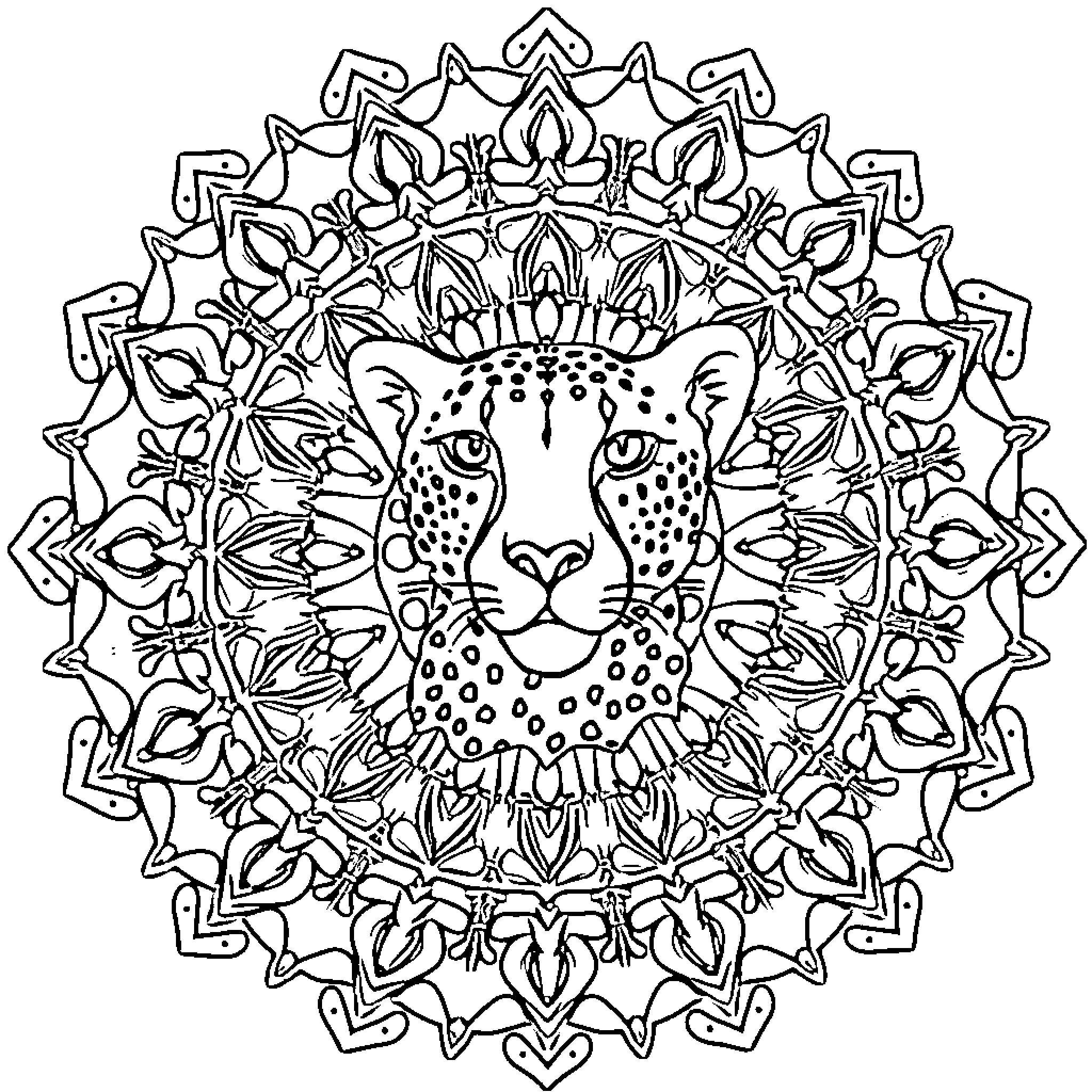Cheetah in Decorative Mandala Pattern Coloring Page (free black-and-white line drawing printable PDF for all, from beginners to advanced learners, including children, teens, adults, and seniors)