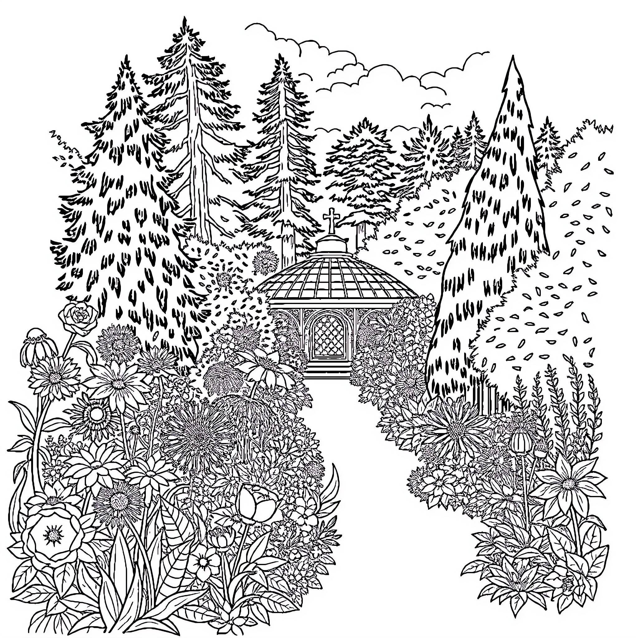 Garden with whimsical floral scenery and structures Coloring Page (free black-and-white line drawing printable PDF for all, from beginners to advanced learners, including children, teens, adults, and seniors)