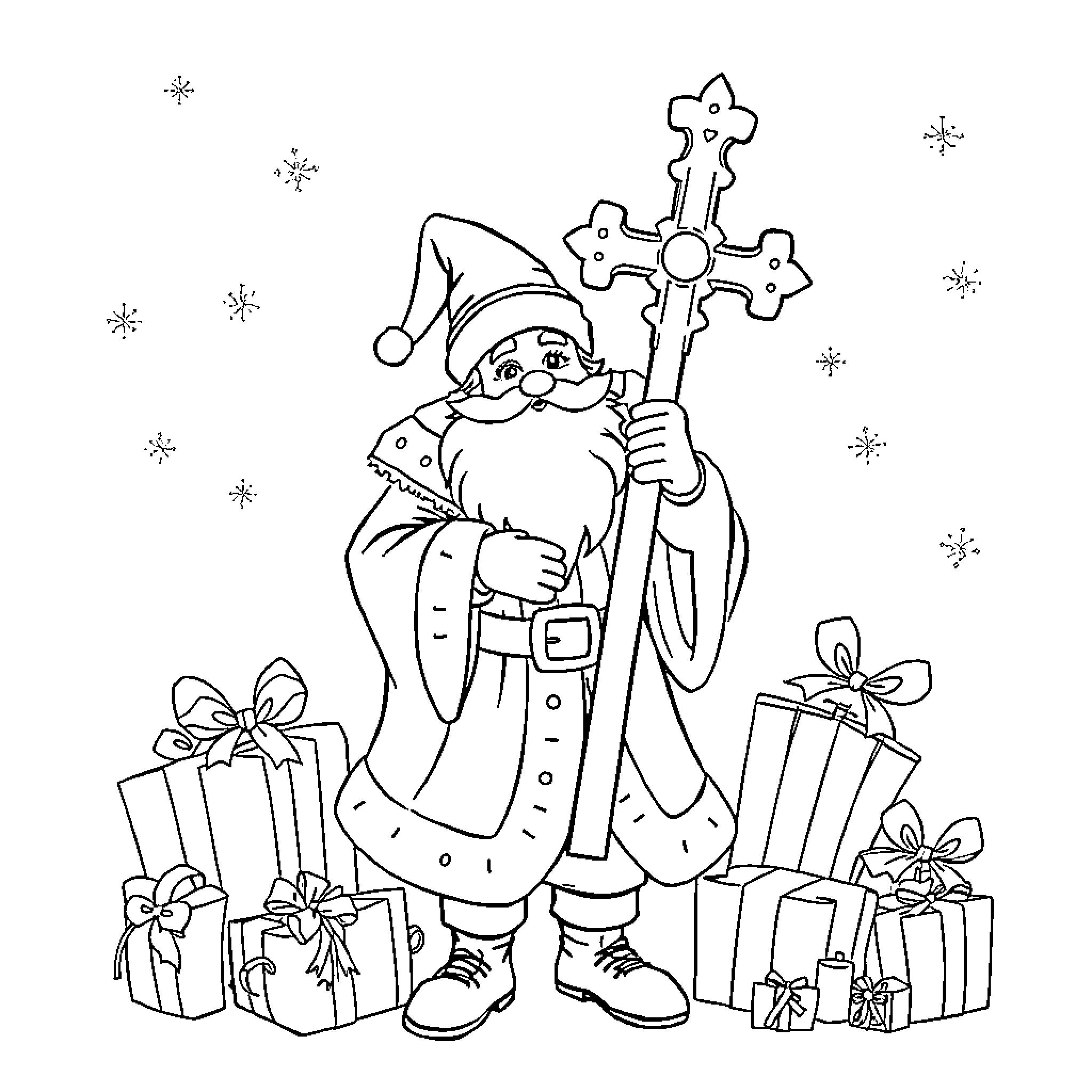 Saint Nicolas with Cross Staff and Gifts Coloring Page (free black-and-white line drawing printable PDF for all, from beginners to advanced learners, including children, teens, adults, and seniors)
