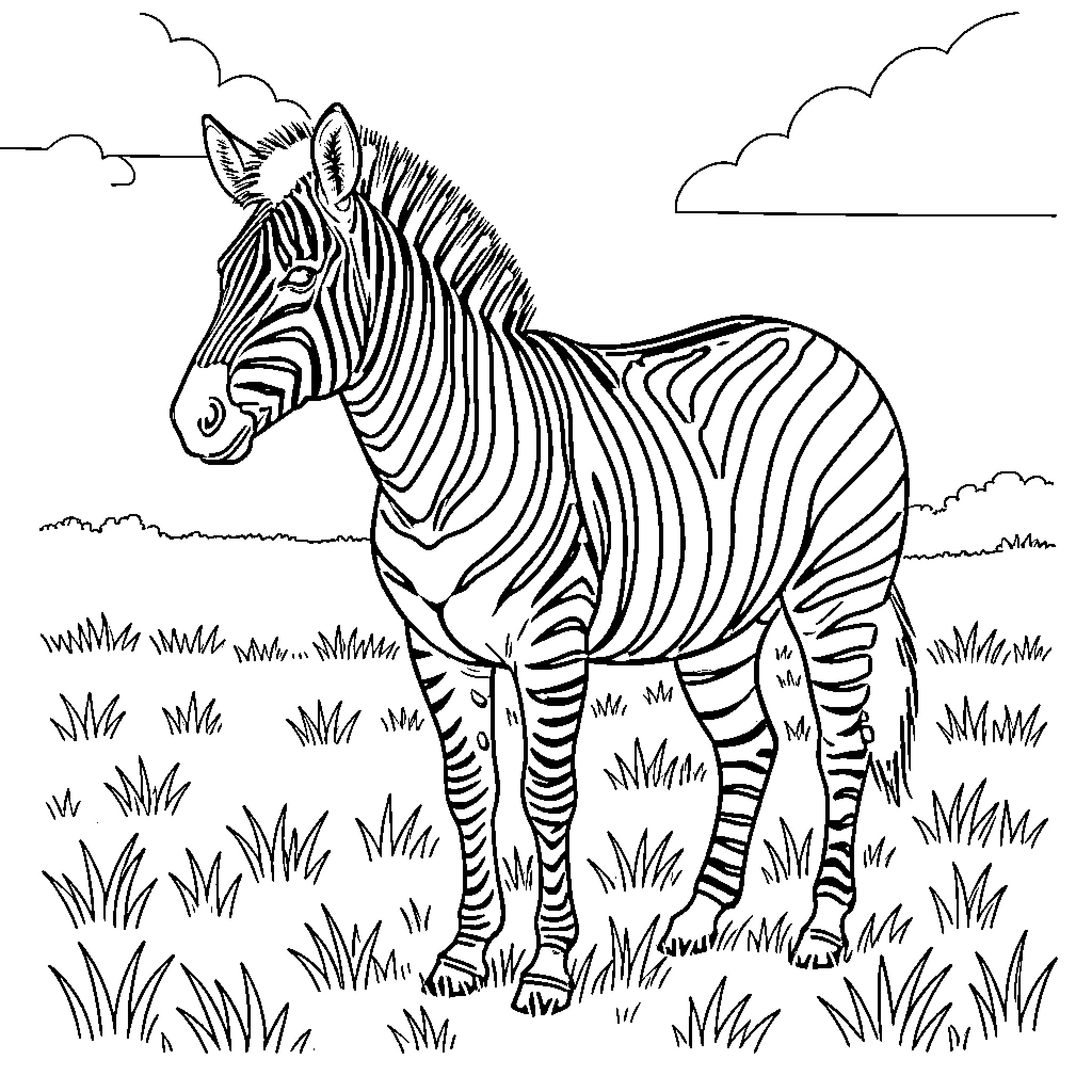 Zebra standing in grassy field Coloring Page (free black-and-white line drawing printable PDF for all, from beginners to advanced learners, including children, teens, adults, and seniors)
