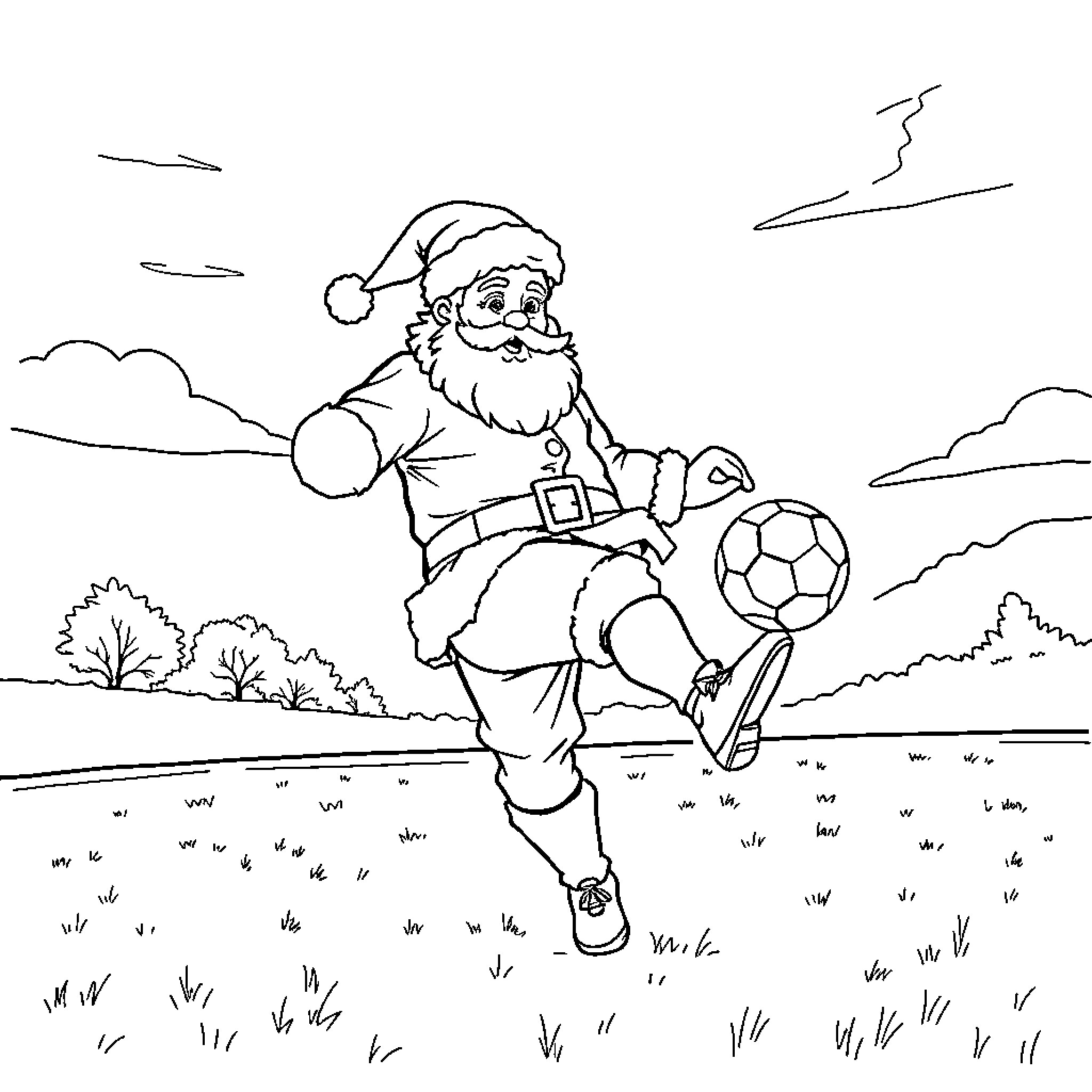 Santa playing soccer in a winter wonderland Coloring Page (free black-and-white line drawing printable PDF for all, from beginners to advanced learners, including children, teens, adults, and seniors)