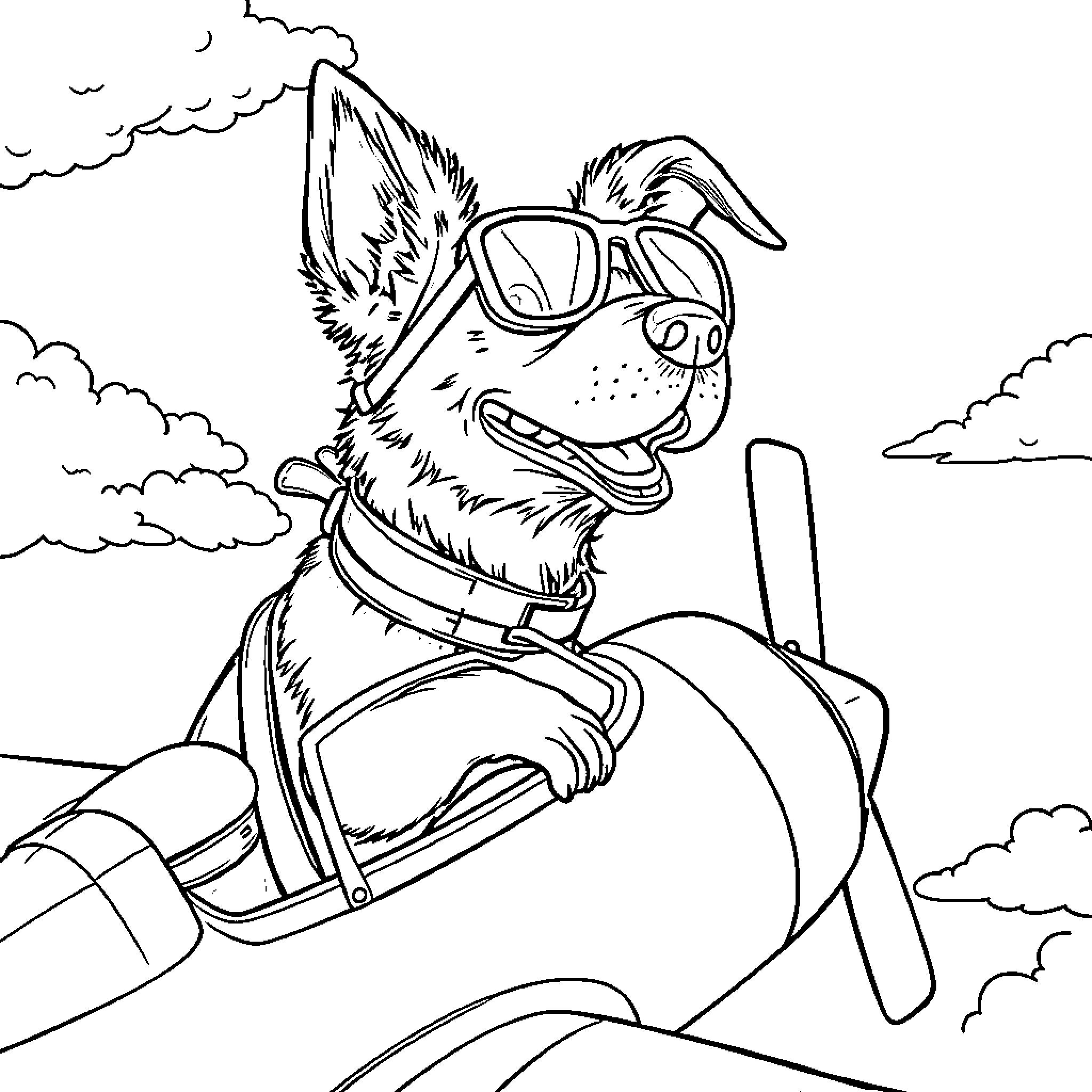 Dog flying airplane with joy Coloring Page (free black-and-white line drawing printable PDF for all, from beginners to advanced learners, including children, teens, adults, and seniors)