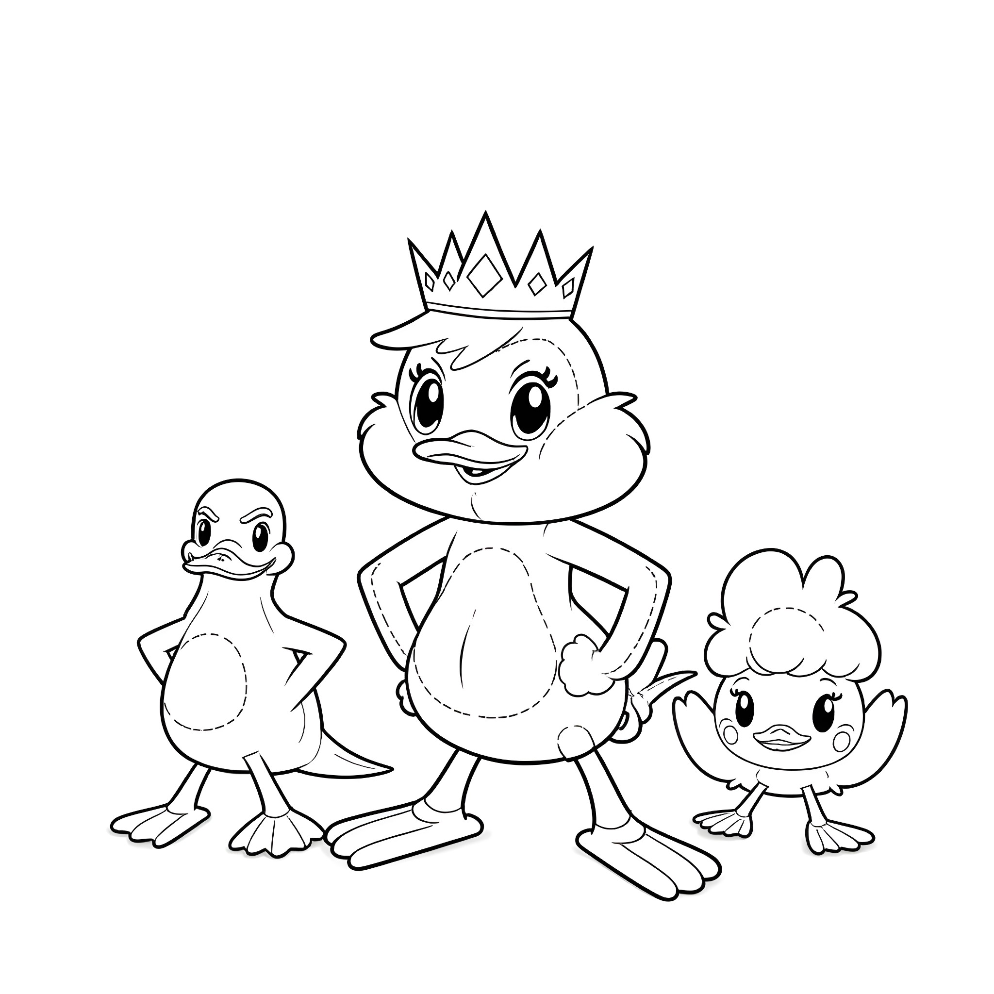 Duck King and his royal subjects Coloring Page (free black-and-white line drawing printable PDF for all, from beginners to advanced learners, including children, teens, adults, and seniors)