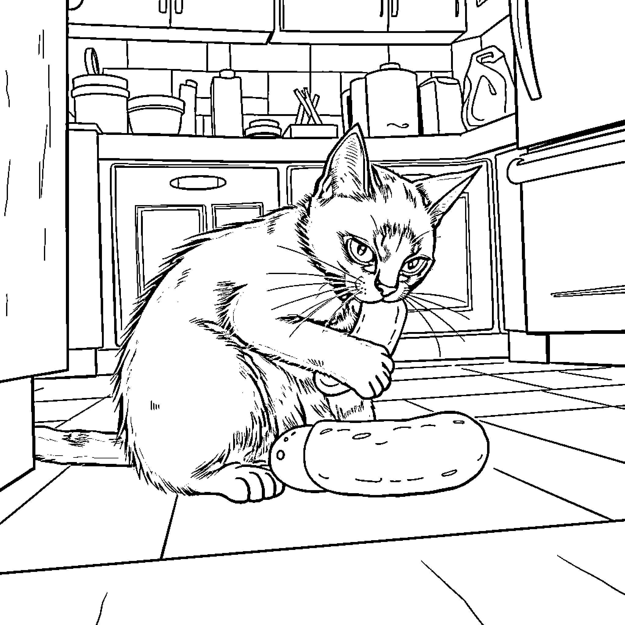 Cat resting in a cluttered room Coloring Page (free black-and-white line drawing printable PDF for all, from beginners to advanced learners, including children, teens, adults, and seniors)