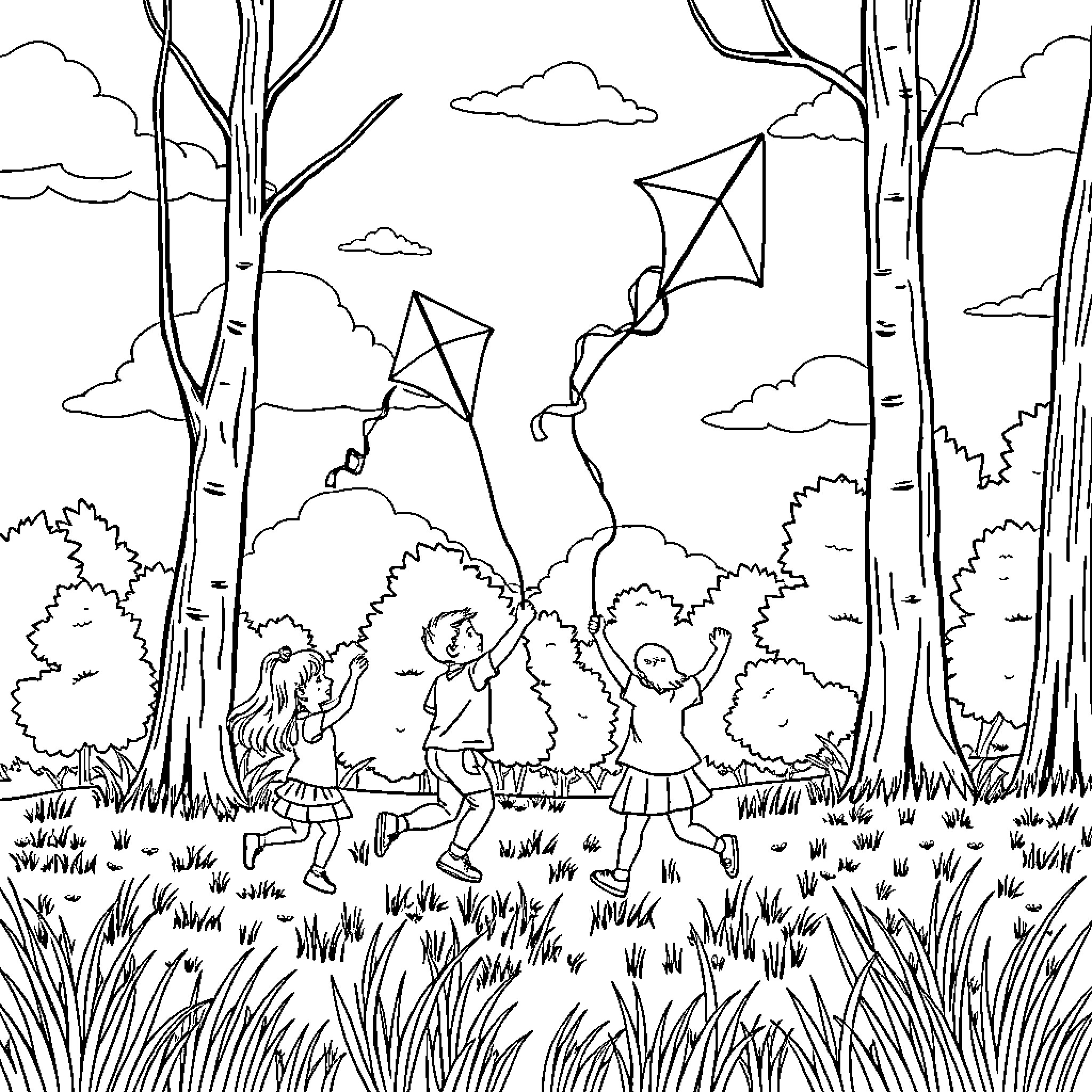 Kid flying kites in the peaceful outdoors Coloring Page (free black-and-white line drawing printable PDF for all, from beginners to advanced learners, including children, teens, adults, and seniors)