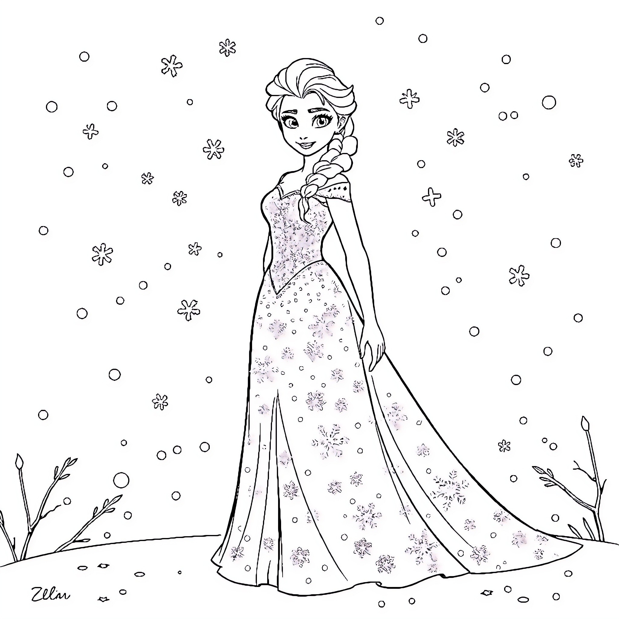 Elsa enjoying a snowy day in her enchanting gown Coloring Page (free black-and-white line drawing printable PDF for all, from beginners to advanced learners, including children, teens, adults, and seniors)