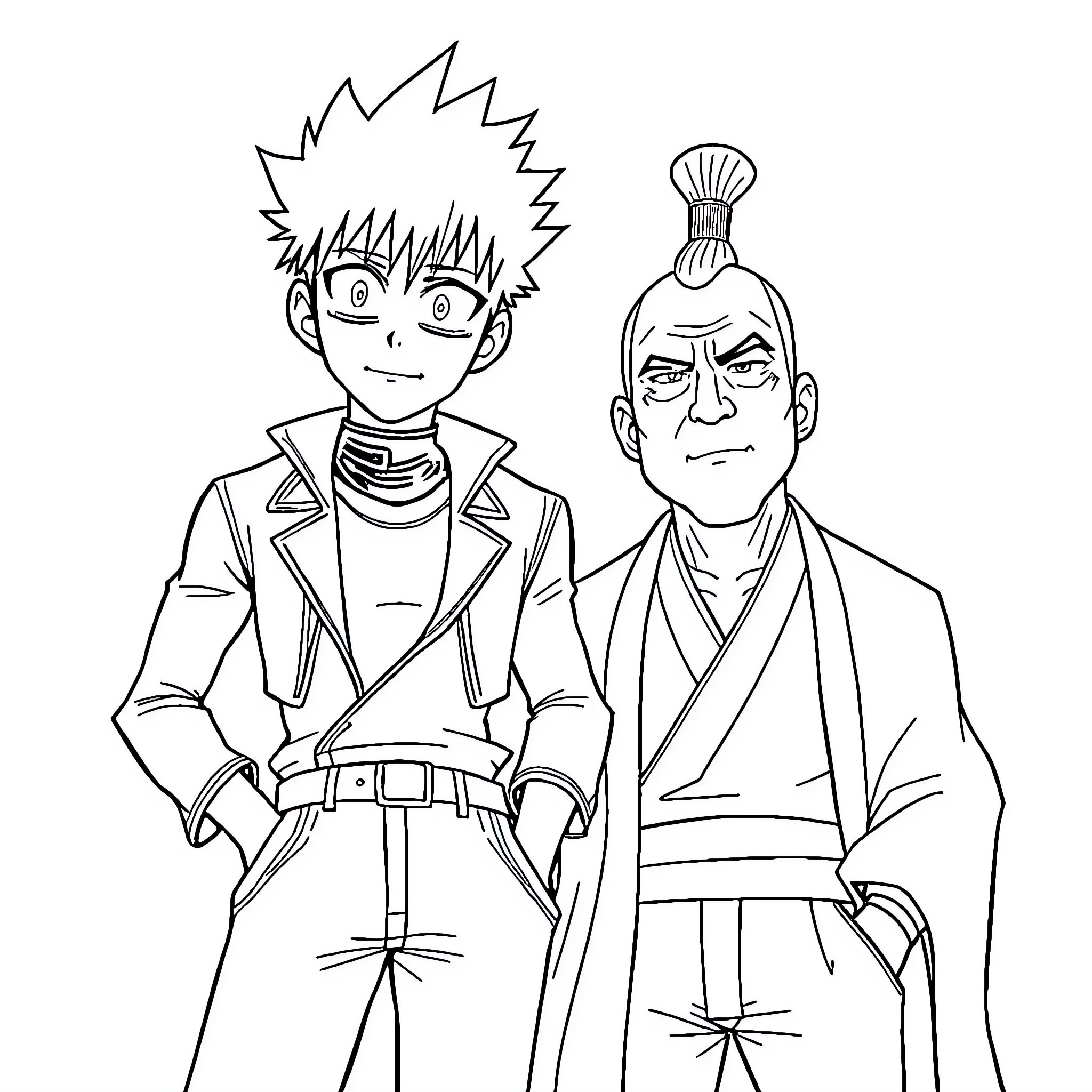 Saitama and Mentor in Formal Attire Coloring Page (free black-and-white line drawing printable PDF for all, from beginners to advanced learners, including children, teens, adults, and seniors)