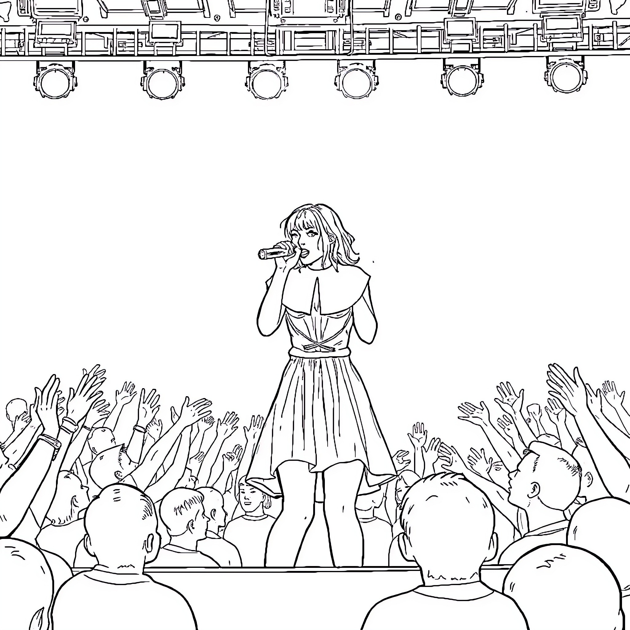Taylor Swift performing energetically on stage Coloring Page (free black-and-white line drawing printable PDF for all, from beginners to advanced learners, including children, teens, adults, and seniors)