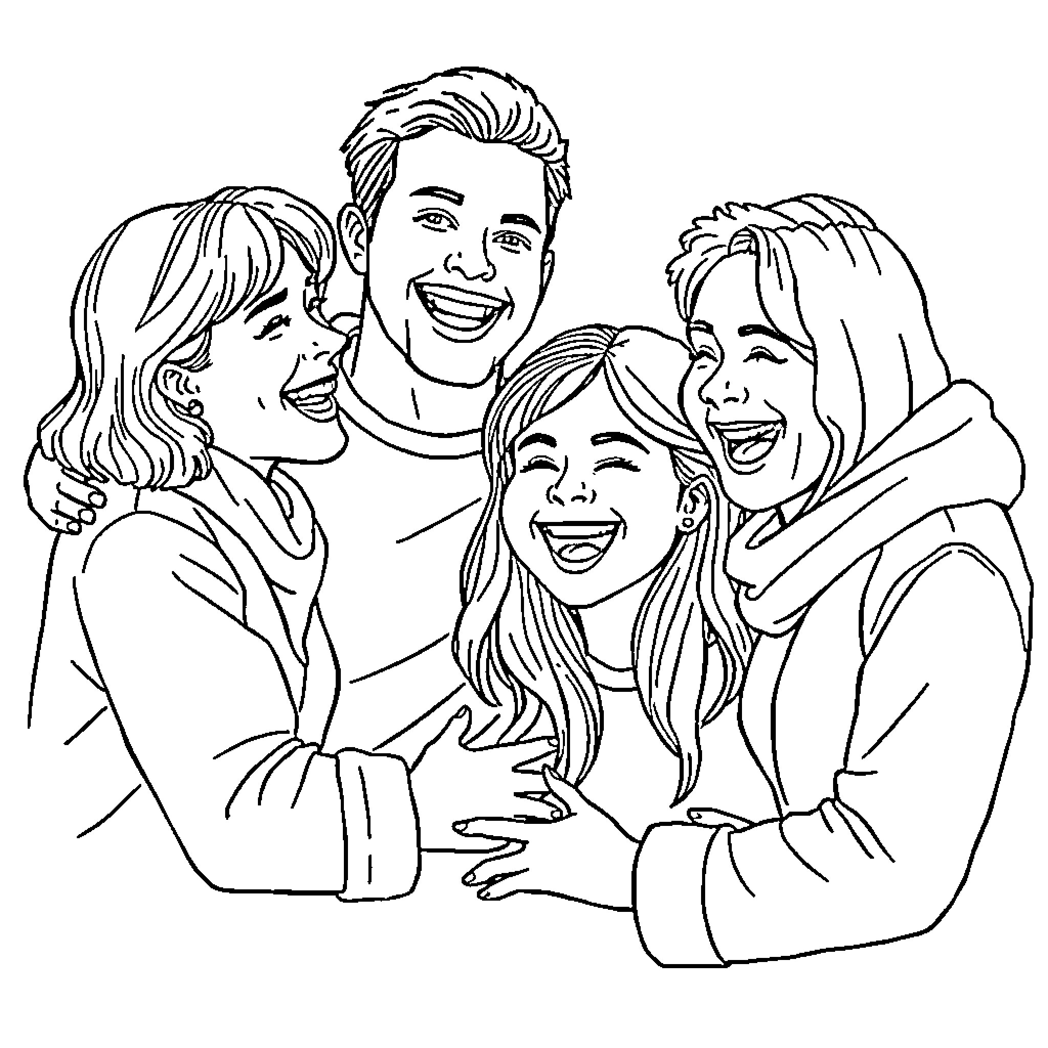 Moment of Laughter and Embrace Coloring Page (free black-and-white line drawing printable PDF for all, from beginners to advanced learners, including children, teens, adults, and seniors)