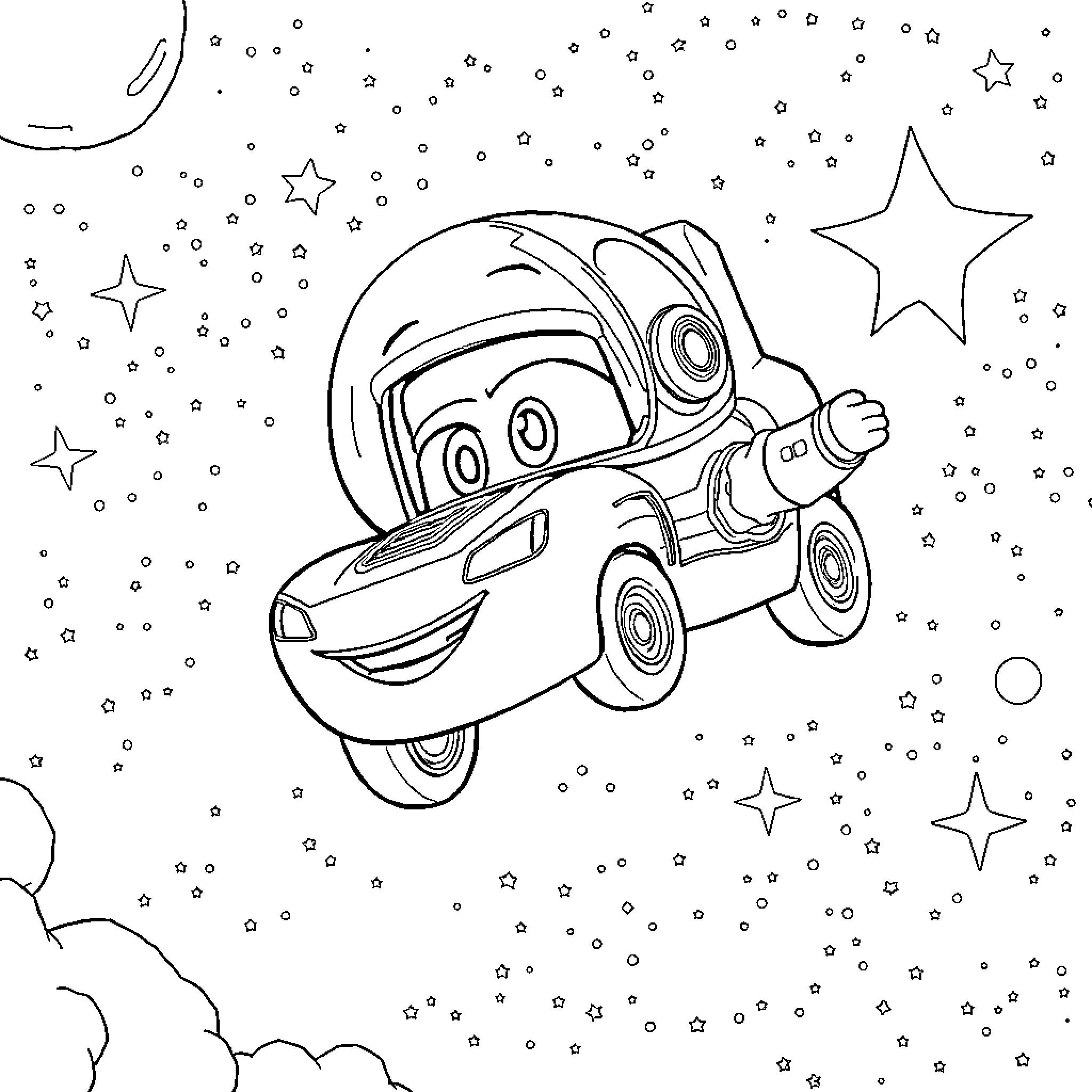 Lightning McQueen racing through the starry night Coloring Page (free black-and-white line drawing printable PDF for all, from beginners to advanced learners, including children, teens, adults, and seniors)