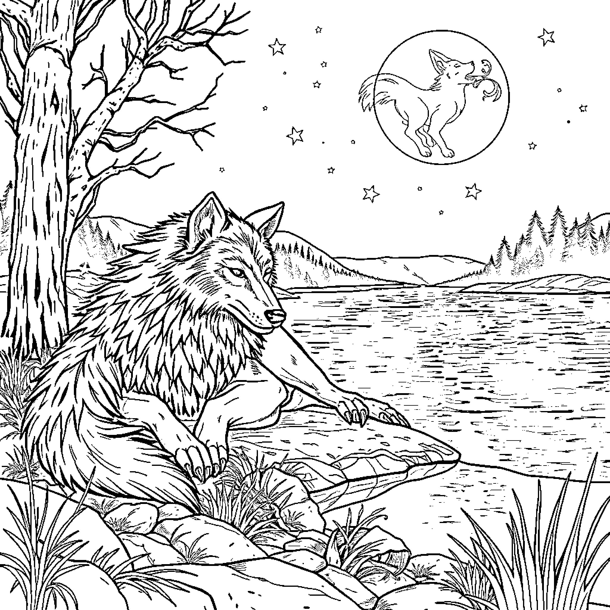 Direwolf gazing at the night sky by the lake Coloring Page (free black-and-white line drawing printable PDF for all, from beginners to advanced learners, including children, teens, adults, and seniors)