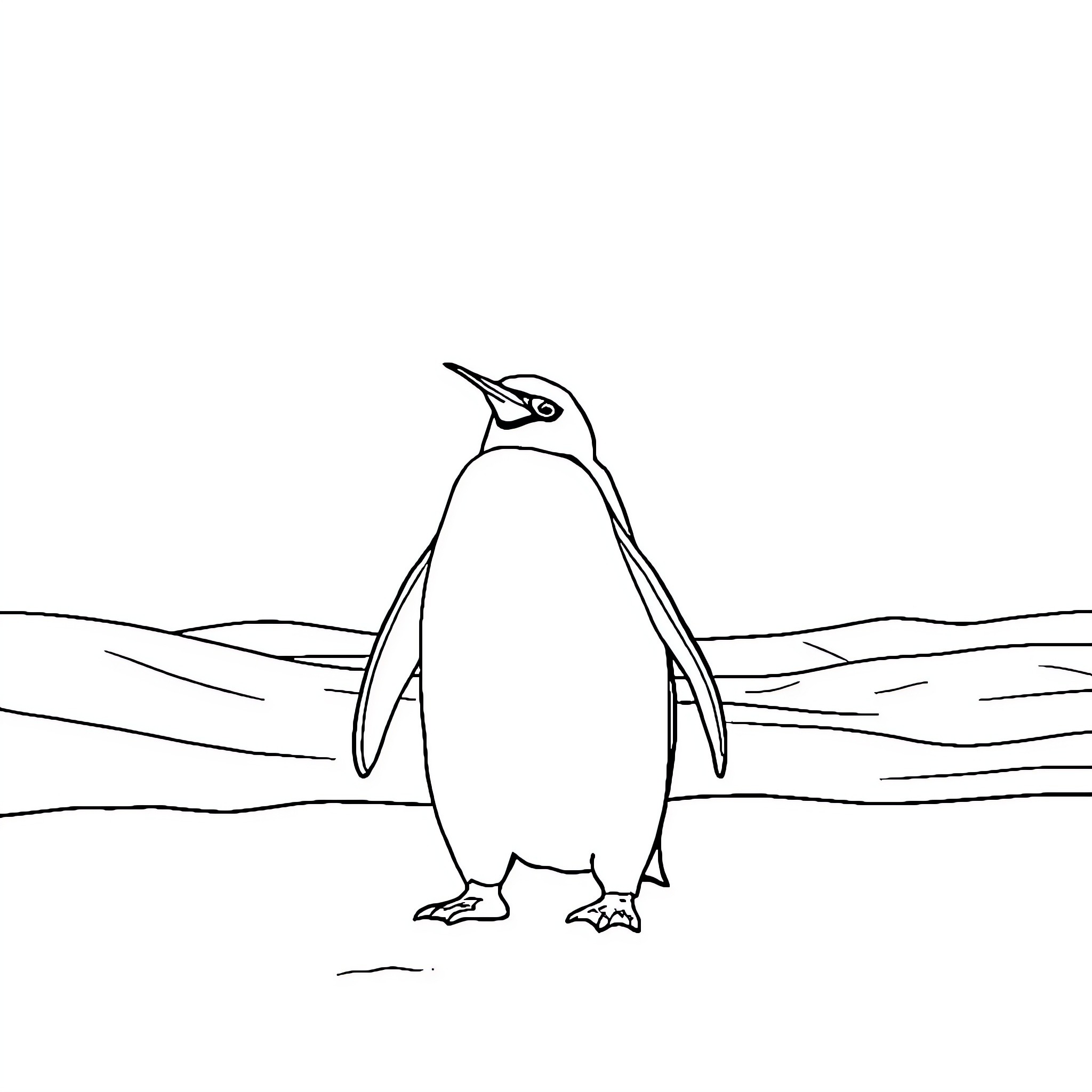 Penguin standing on ice in black and white Coloring Page (free black-and-white line drawing printable PDF for all, from beginners to advanced learners, including children, teens, adults, and seniors)
