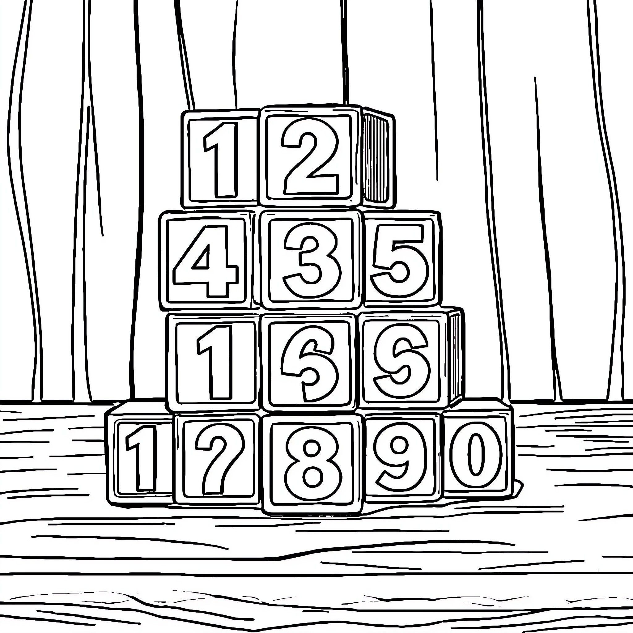 Number Blocks Stacking Playfully on Beach Coloring Page (free black-and-white line drawing printable PDF for all, from beginners to advanced learners, including children, teens, adults, and seniors)