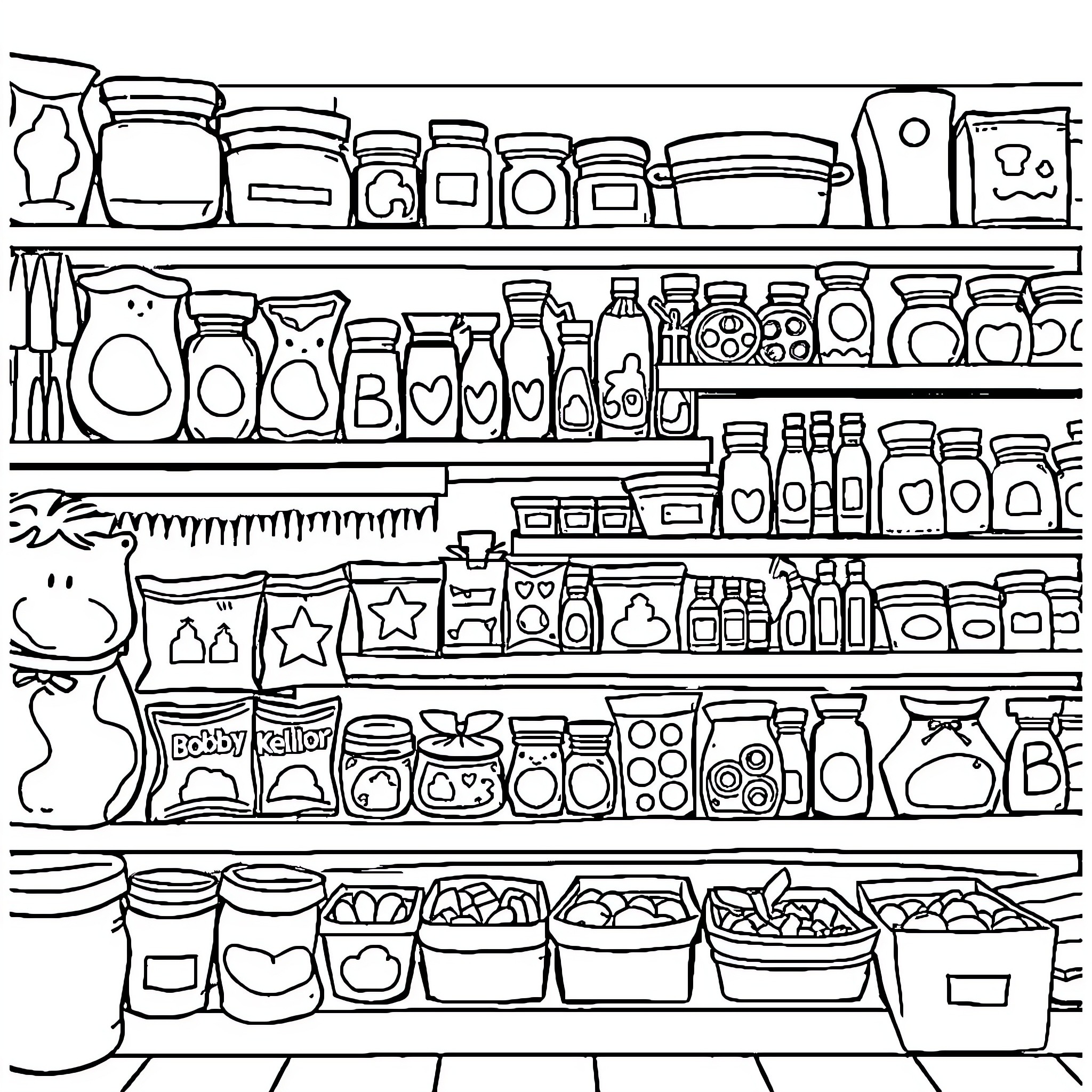 Bobbie's Shelves of Grocery Delights Coloring Page (free black-and-white line drawing printable PDF for all, from beginners to advanced learners, including children, teens, adults, and seniors)