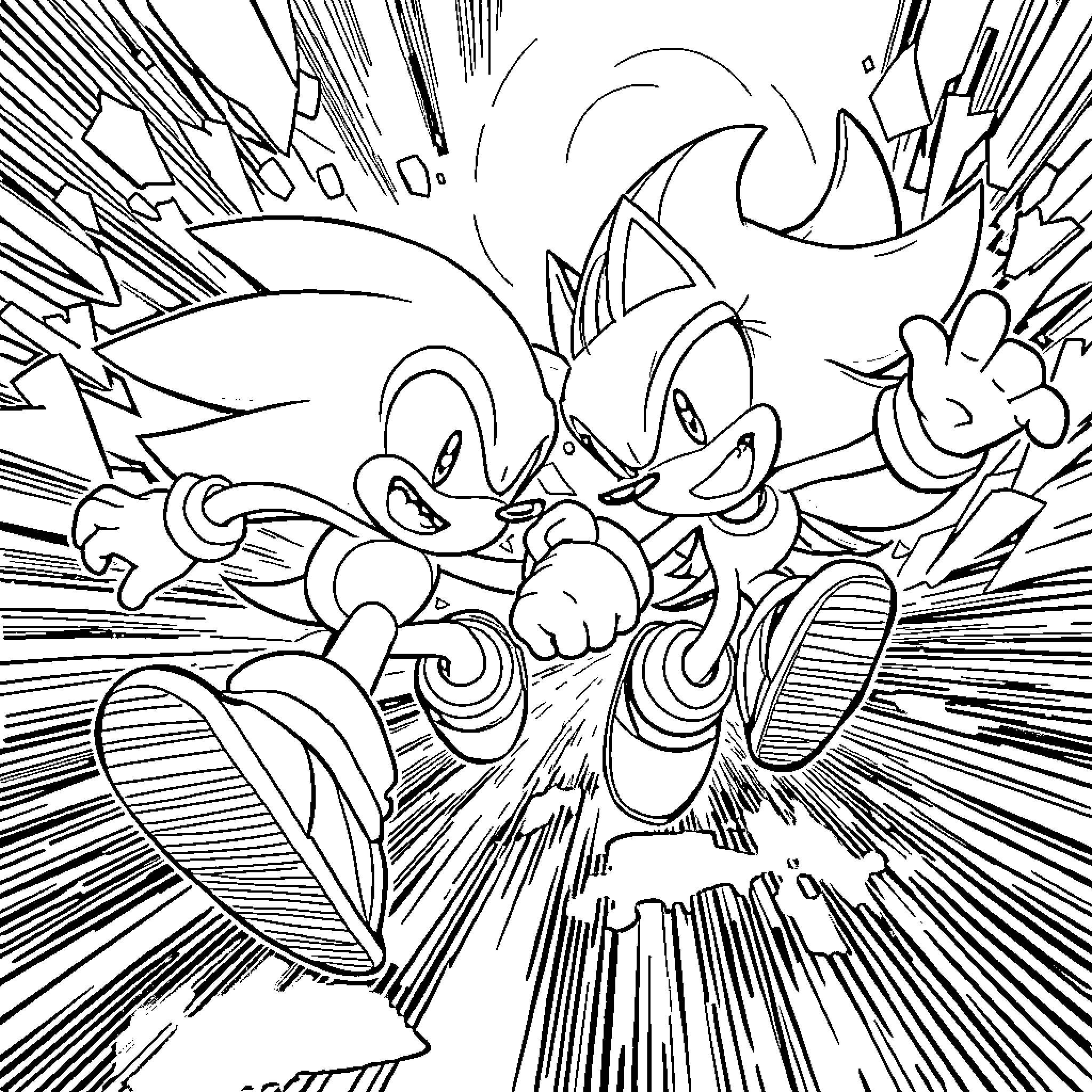 Hedgehog characters in action-packed scene Coloring Page (free black-and-white line drawing printable PDF for all, from beginners to advanced learners, including children, teens, adults, and seniors)