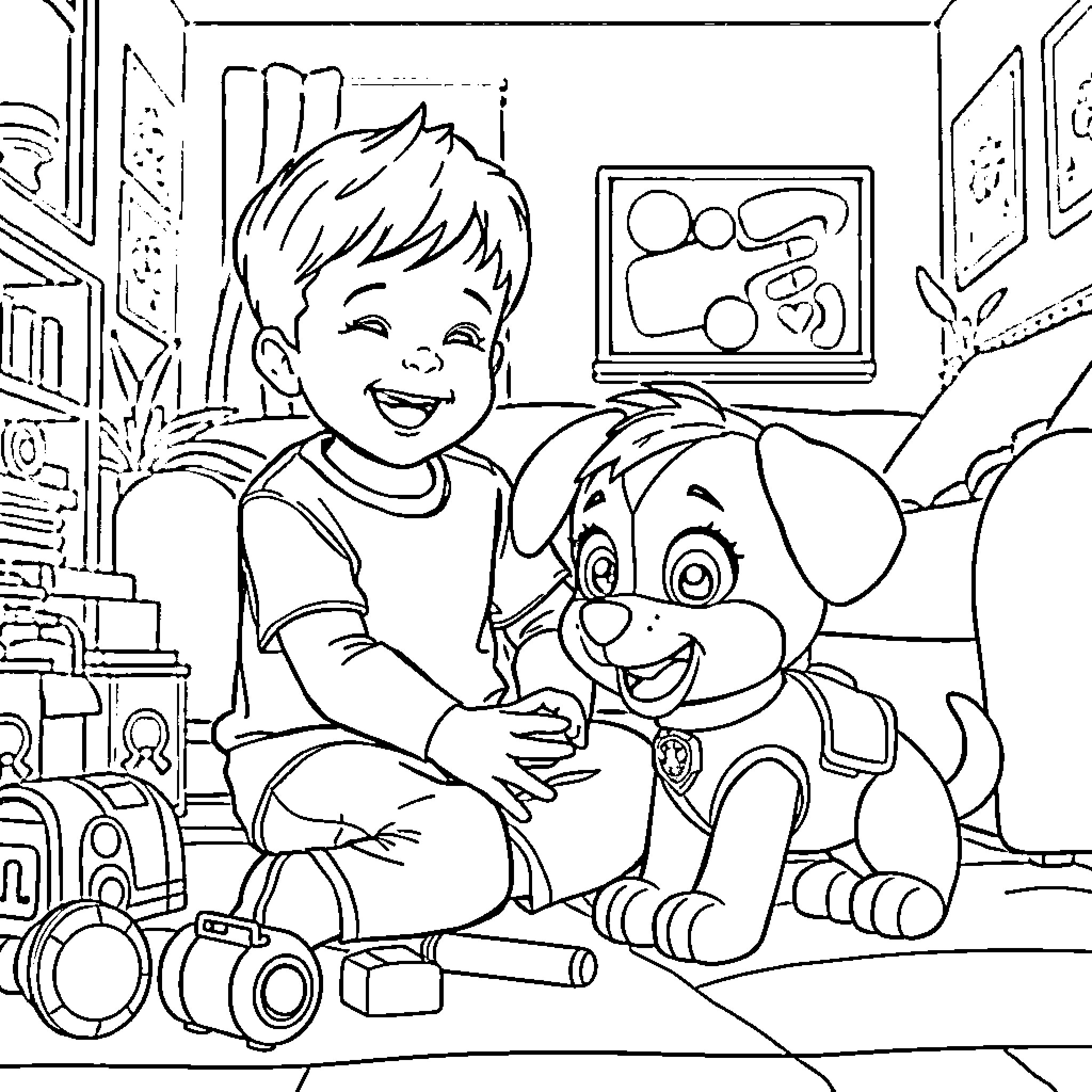 Child playing joyfully with puppy in bedroom Coloring Page (free black-and-white line drawing printable PDF for all, from beginners to advanced learners, including children, teens, adults, and seniors)