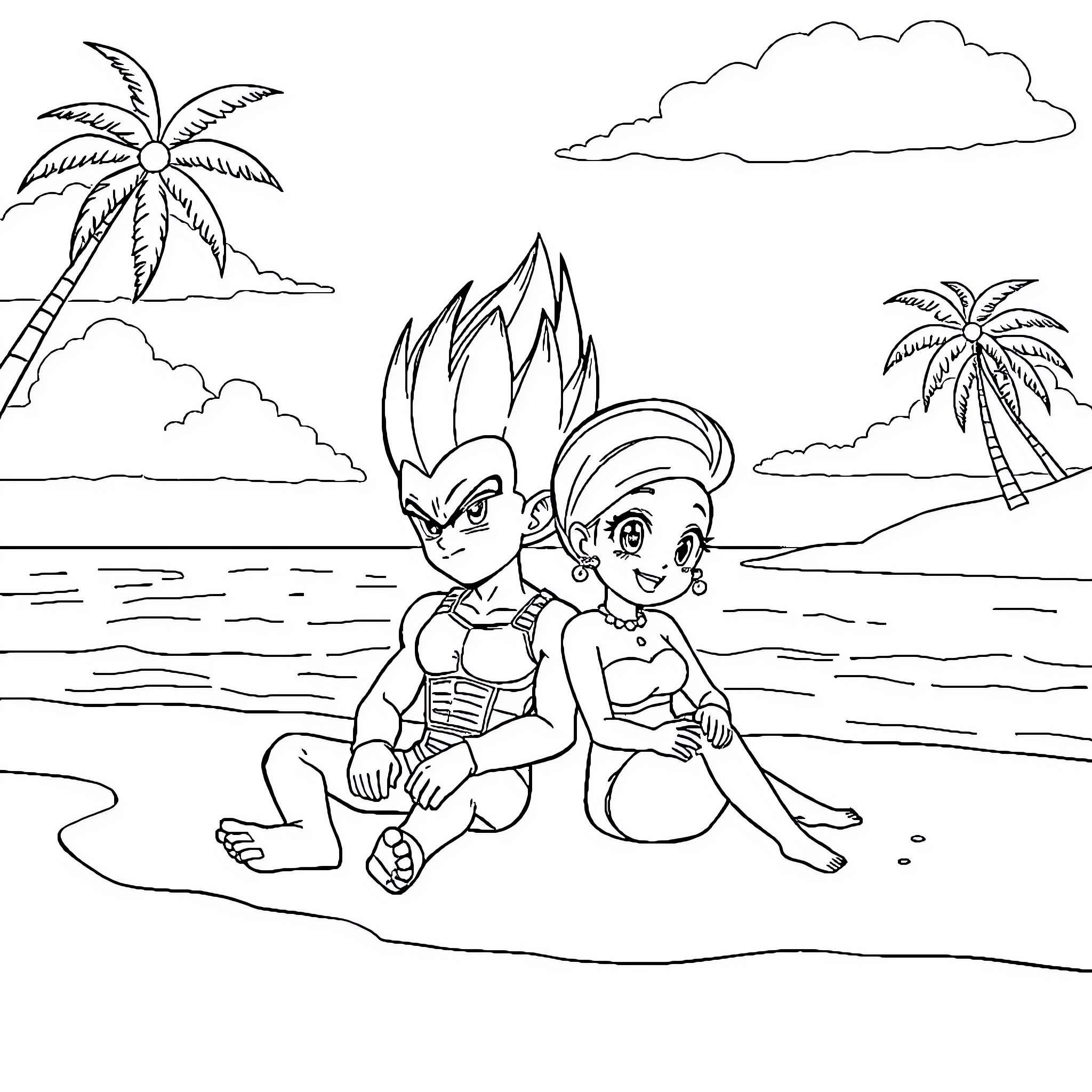 Vegeta characters on a tropical beach Coloring Page (free black-and-white line drawing printable PDF for all, from beginners to advanced learners, including children, teens, adults, and seniors)