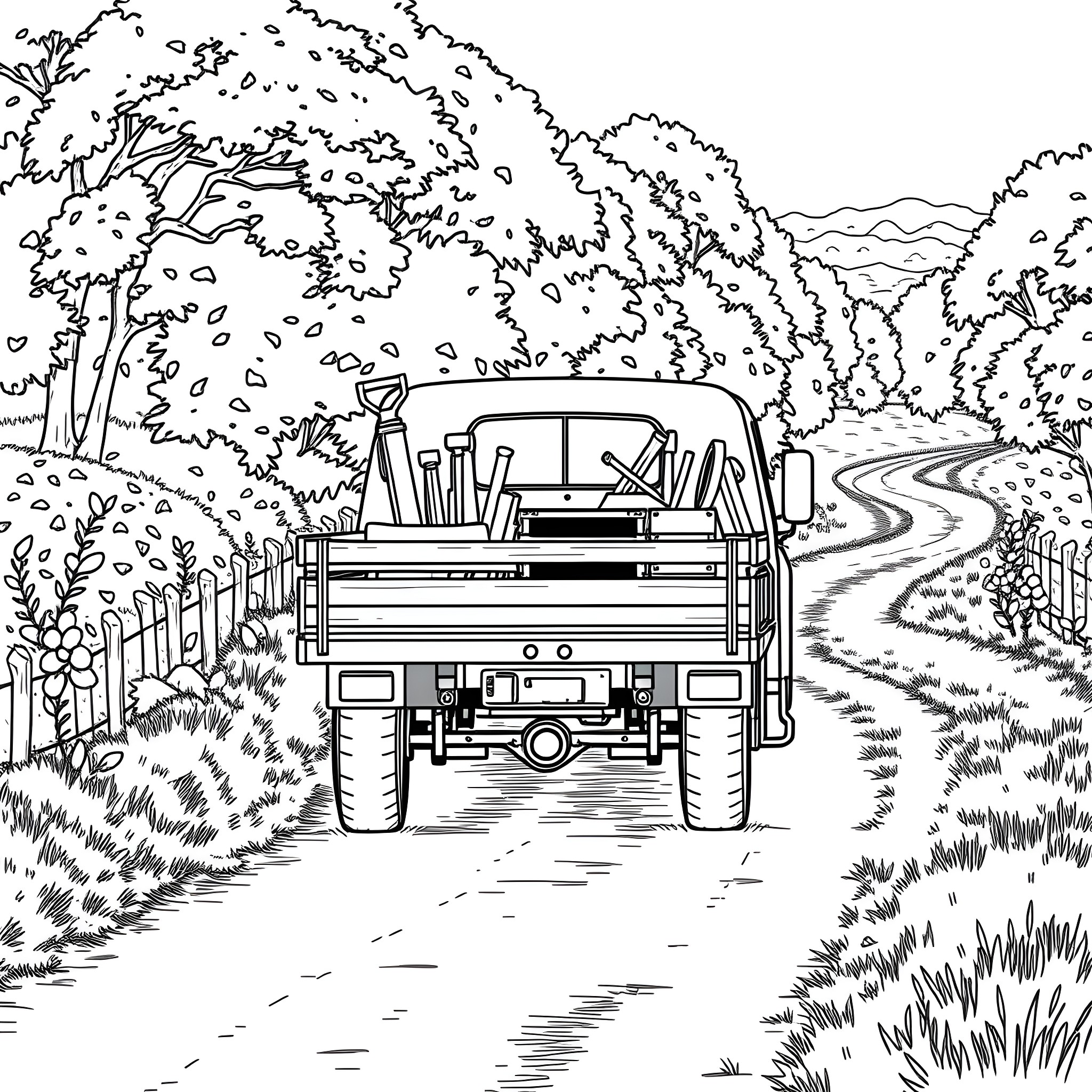 Flatbed truck driving on a rural road Coloring Page (free black-and-white line drawing printable PDF for all, from beginners to advanced learners, including children, teens, adults, and seniors)