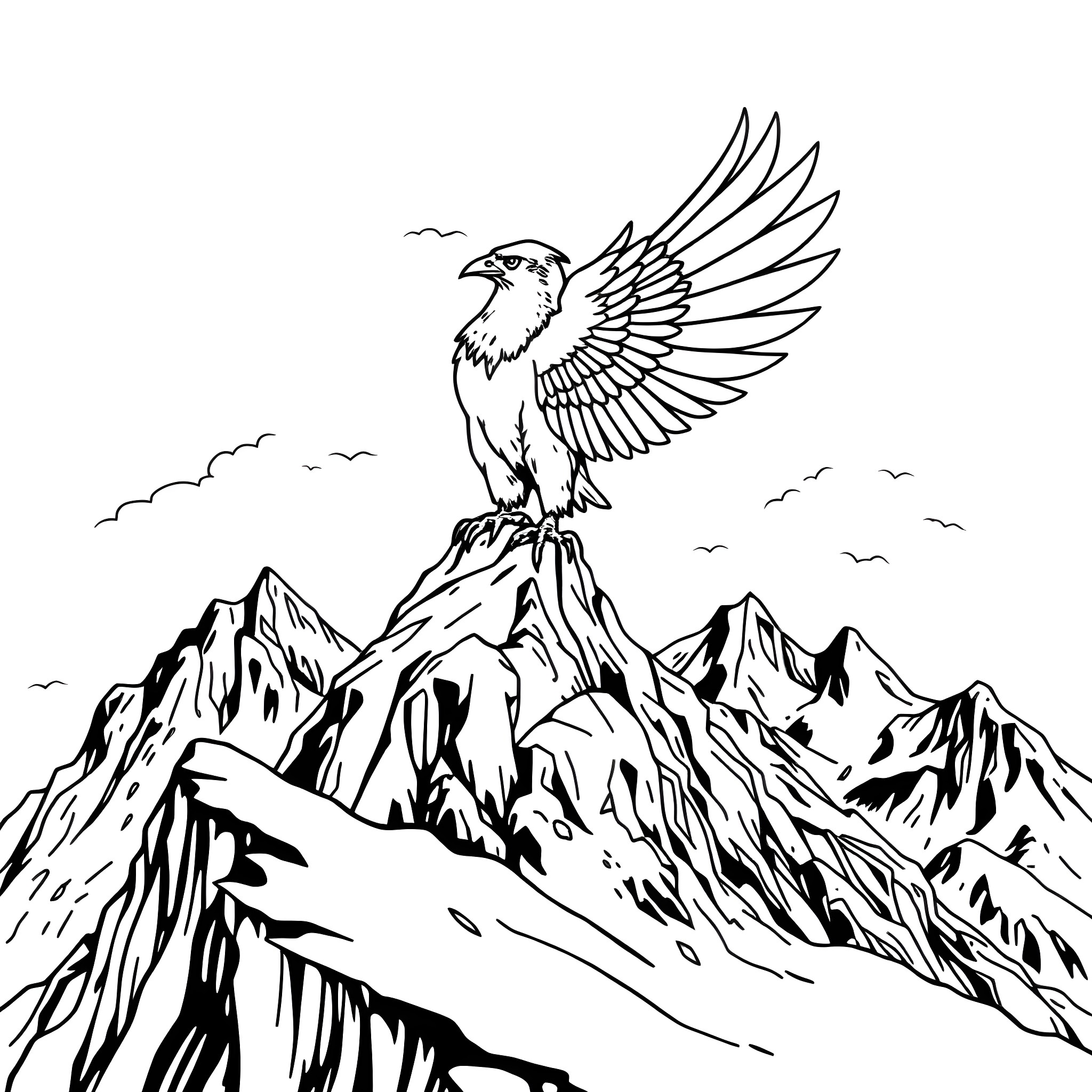 Thunderbird soaring over rugged mountain peaks Coloring Page (free black-and-white line drawing printable PDF for all, from beginners to advanced learners, including children, teens, adults, and seniors)