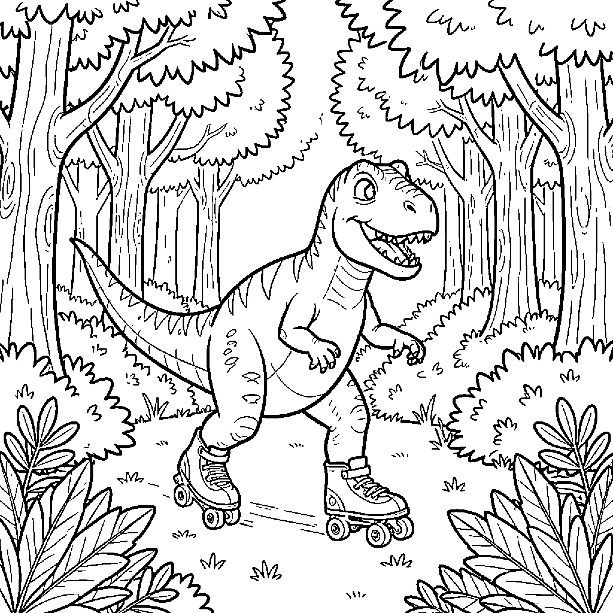Dinosaur roller skating through a dense forest Coloring Page (free black-and-white line drawing printable PDF for all, from beginners to advanced learners, including children, teens, adults, and seniors)