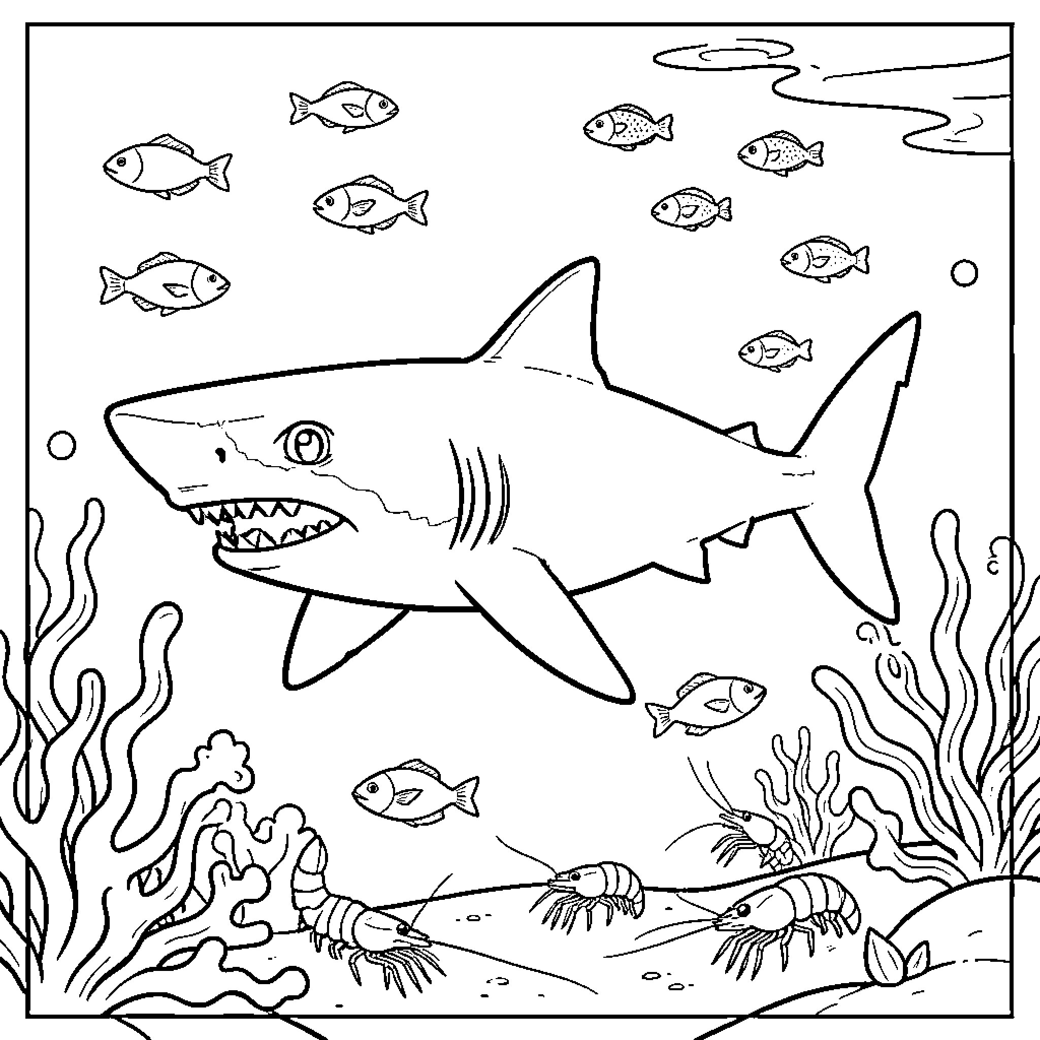 Shark swimming through an underwater coral reef scene Coloring Page (free black-and-white line drawing printable PDF for all, from beginners to advanced learners, including children, teens, adults, and seniors)