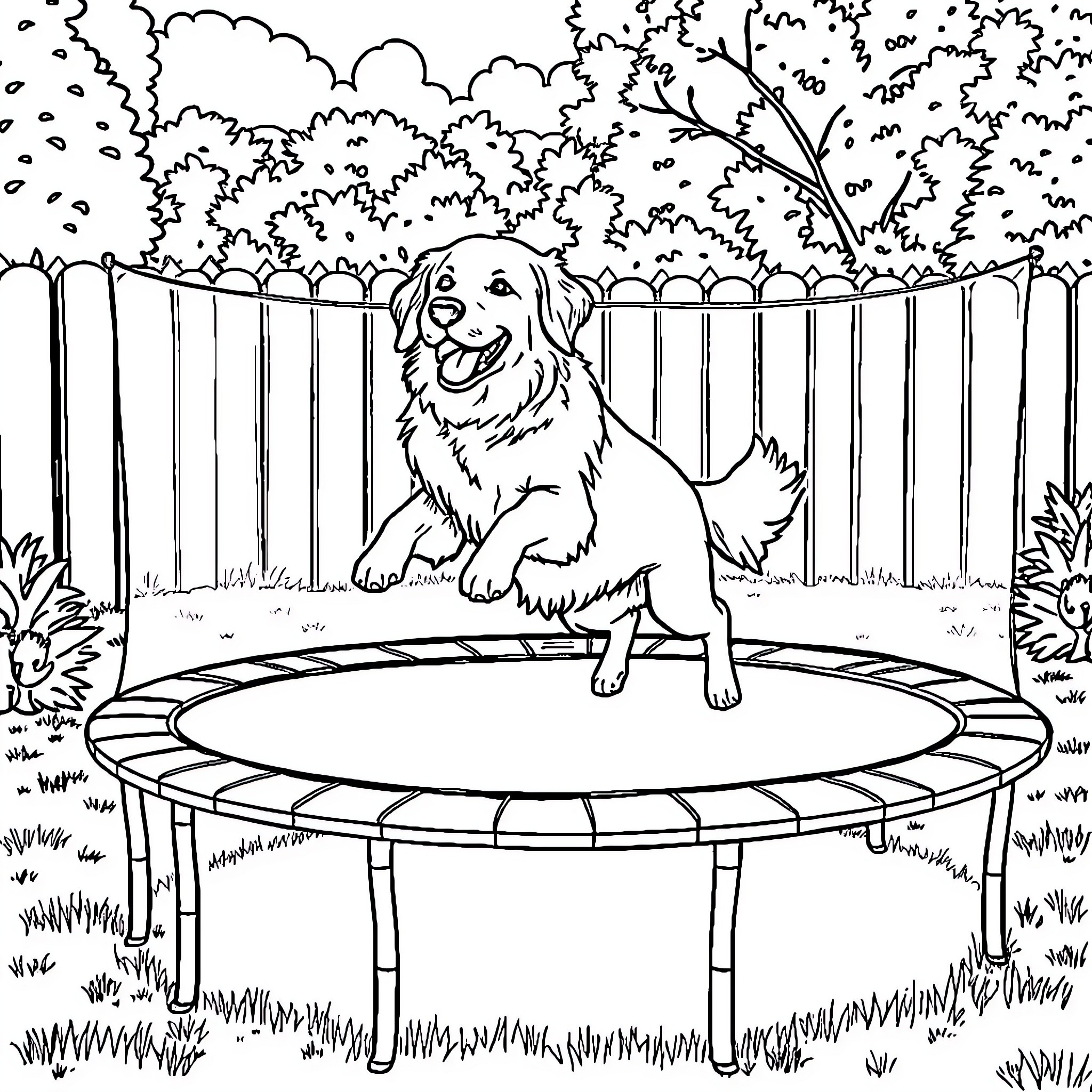 Golden Retriever playing on a trampoline in the backyard Coloring Page (free black-and-white line drawing printable PDF for all, from beginners to advanced learners, including children, teens, adults, and seniors)