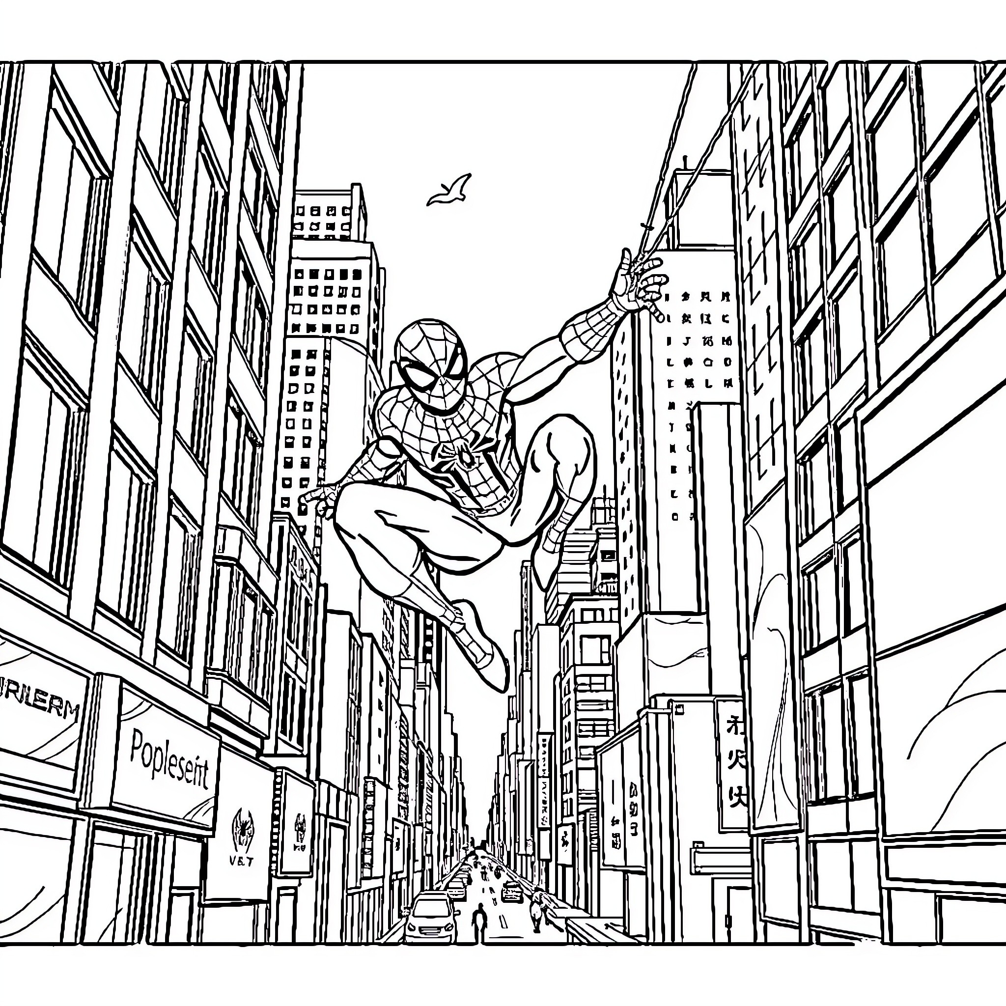 Spiderman swinging through the city skyline Coloring Page (free black-and-white line drawing printable PDF for all, from beginners to advanced learners, including children, teens, adults, and seniors)