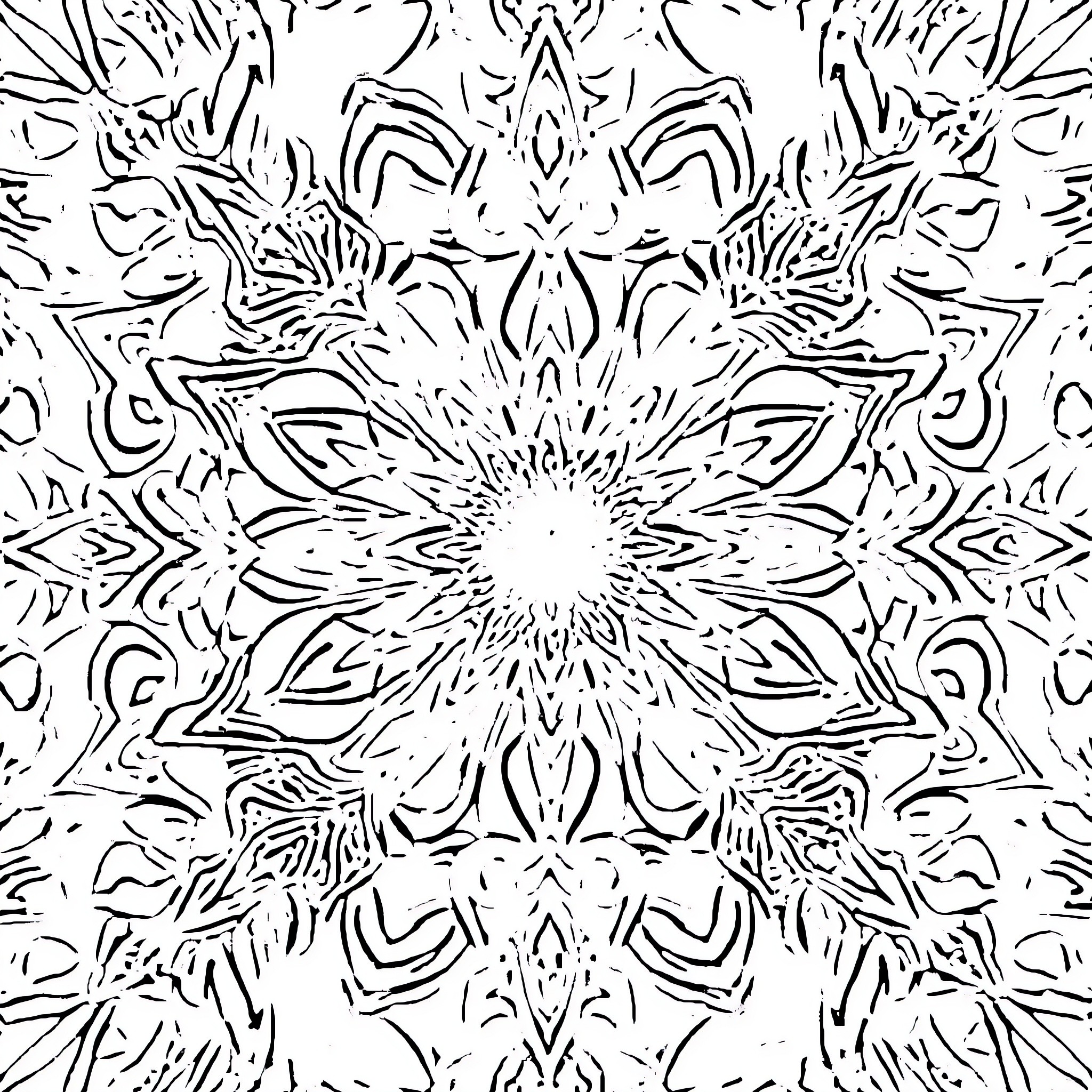 Fractal Floral Symmetry Pattern Coloring Page (free black-and-white line drawing printable PDF for all, from beginners to advanced learners, including children, teens, adults, and seniors)