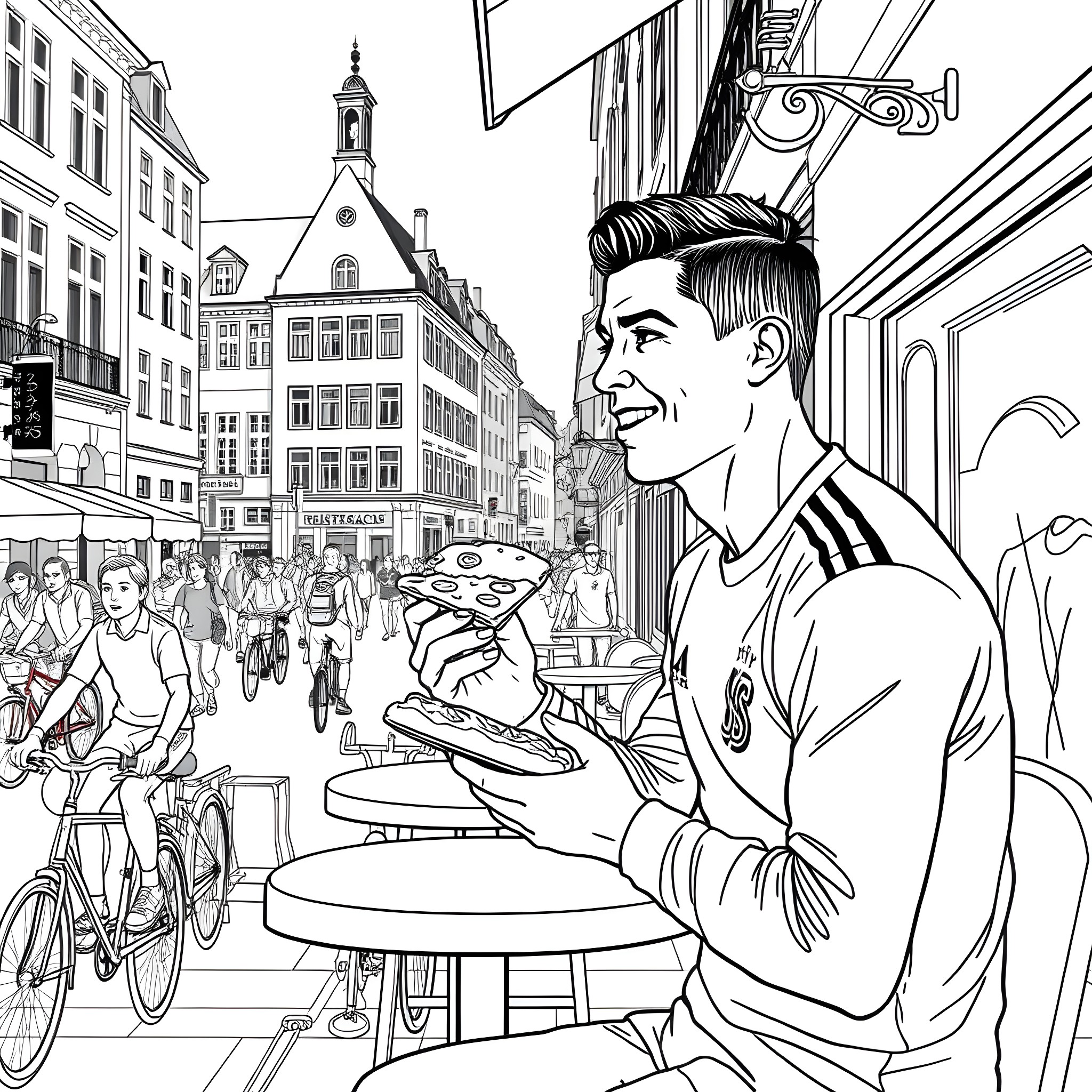 Cristiano Ronaldo enjoying a snack in a bustling city street Coloring Page (free black-and-white line drawing printable PDF for all, from beginners to advanced learners, including children, teens, adults, and seniors)