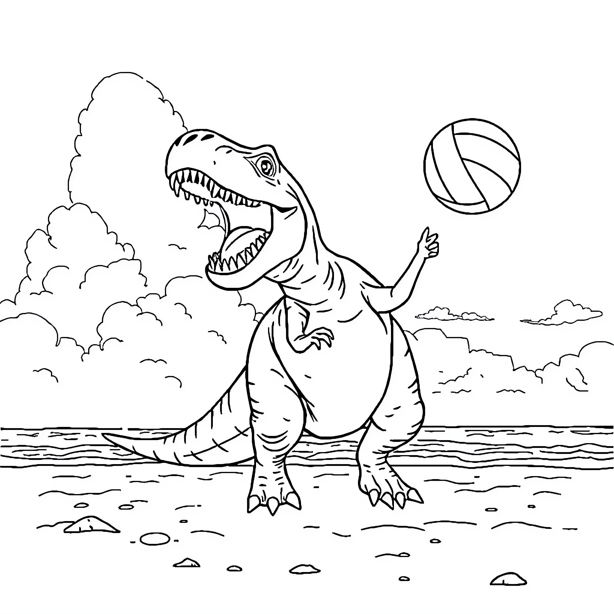 T-Rex playing with a ball on the beach Coloring Page (free black-and-white line drawing printable PDF for all, from beginners to advanced learners, including children, teens, adults, and seniors)