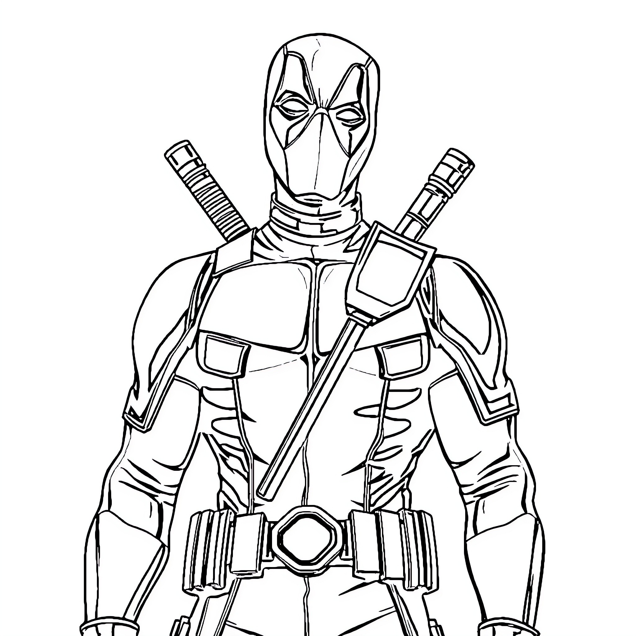 Deadpool in action with weapons and gear Coloring Page (free black-and-white line drawing printable PDF for all, from beginners to advanced learners, including children, teens, adults, and seniors)