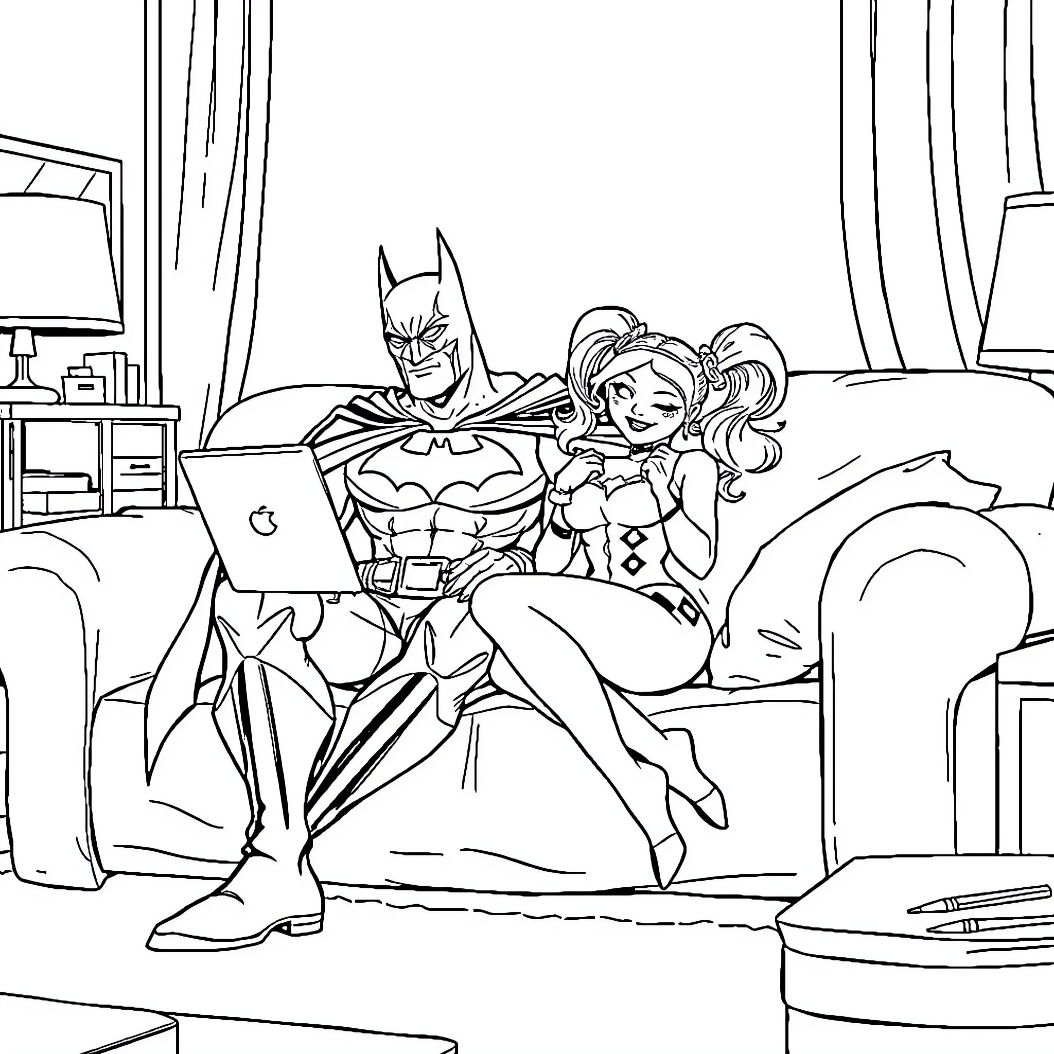 Batman and Harley Quinn working together in the Batcave Coloring Page (free black-and-white line drawing printable PDF for all, from beginners to advanced learners, including children, teens, adults, and seniors)