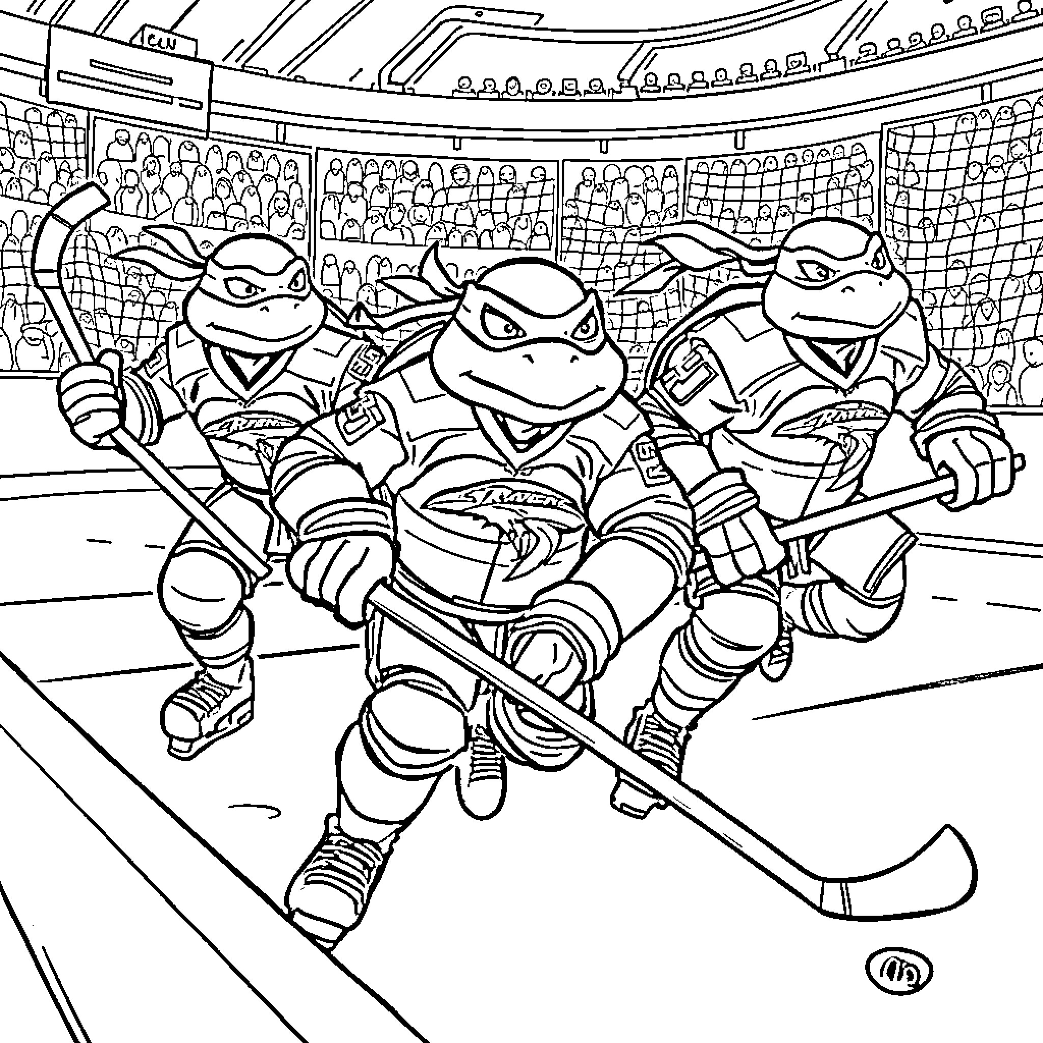 Ninja Turtle hockey players in action on the ice rink Coloring Page (free black-and-white line drawing printable PDF for all, from beginners to advanced learners, including children, teens, adults, and seniors)