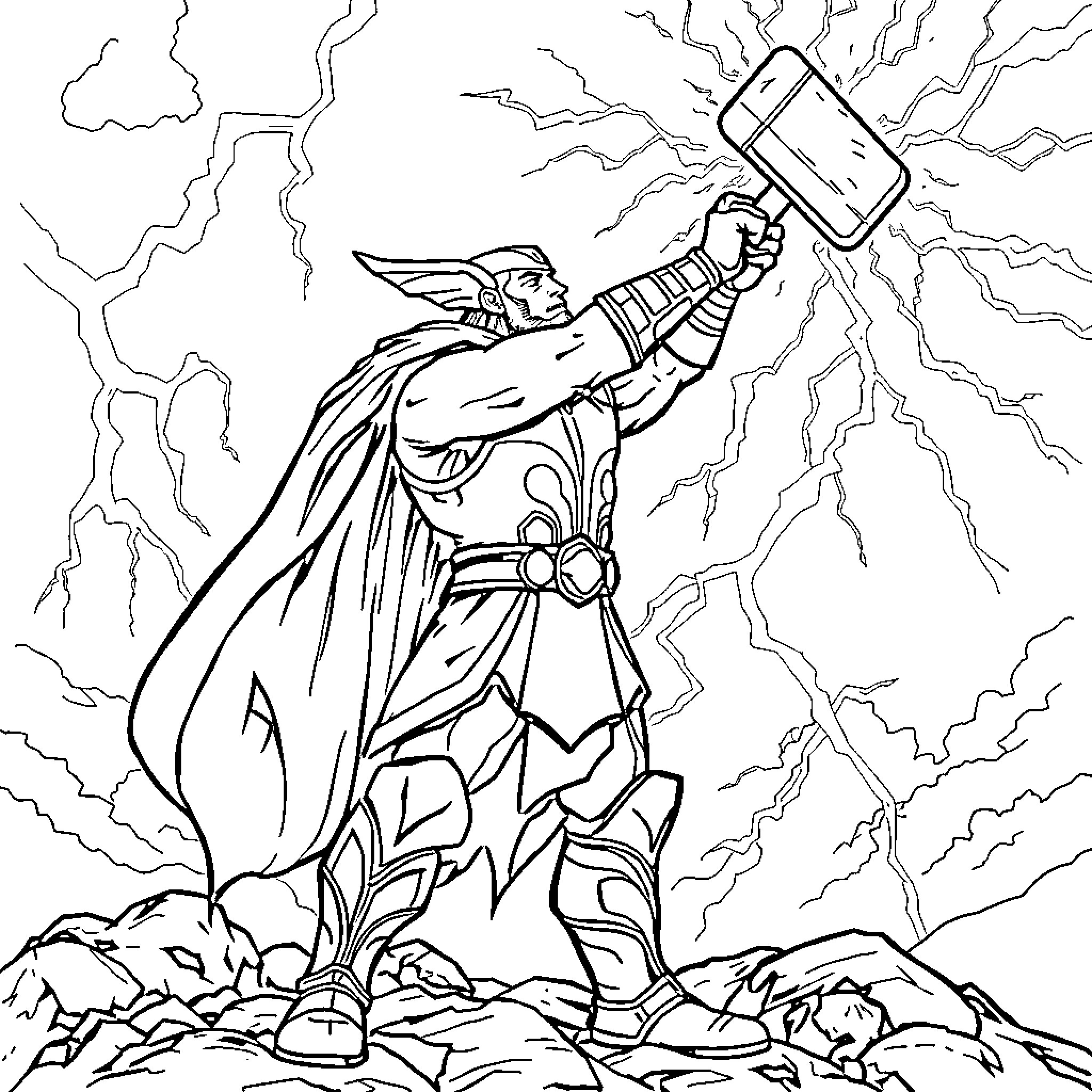 Thor wielding his mighty hammer in a stormy battle Coloring Page (free black-and-white line drawing printable PDF for all, from beginners to advanced learners, including children, teens, adults, and seniors)