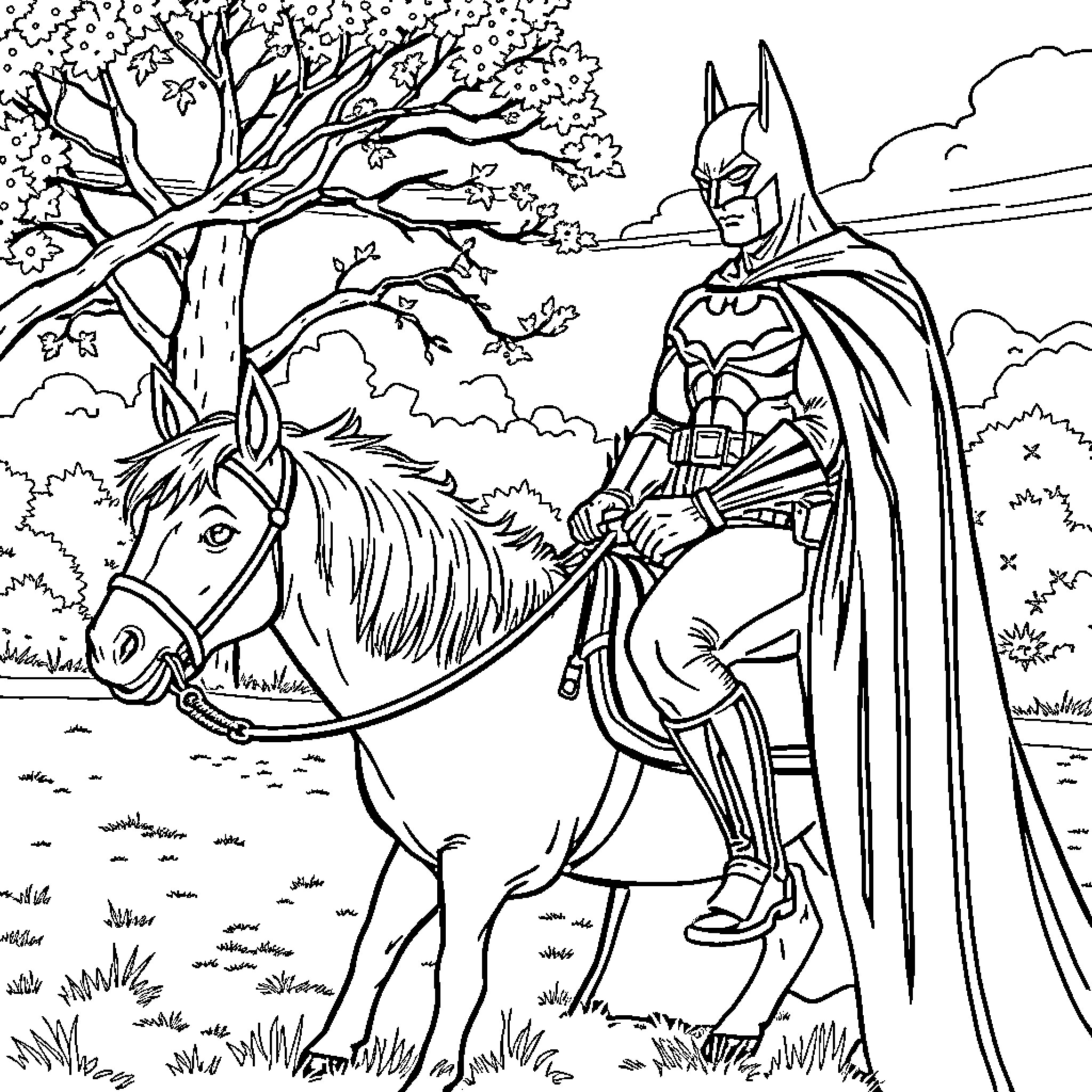 Batman riding a horse in a serene outdoor setting Coloring Page (free black-and-white line drawing printable PDF for all, from beginners to advanced learners, including children, teens, adults, and seniors)