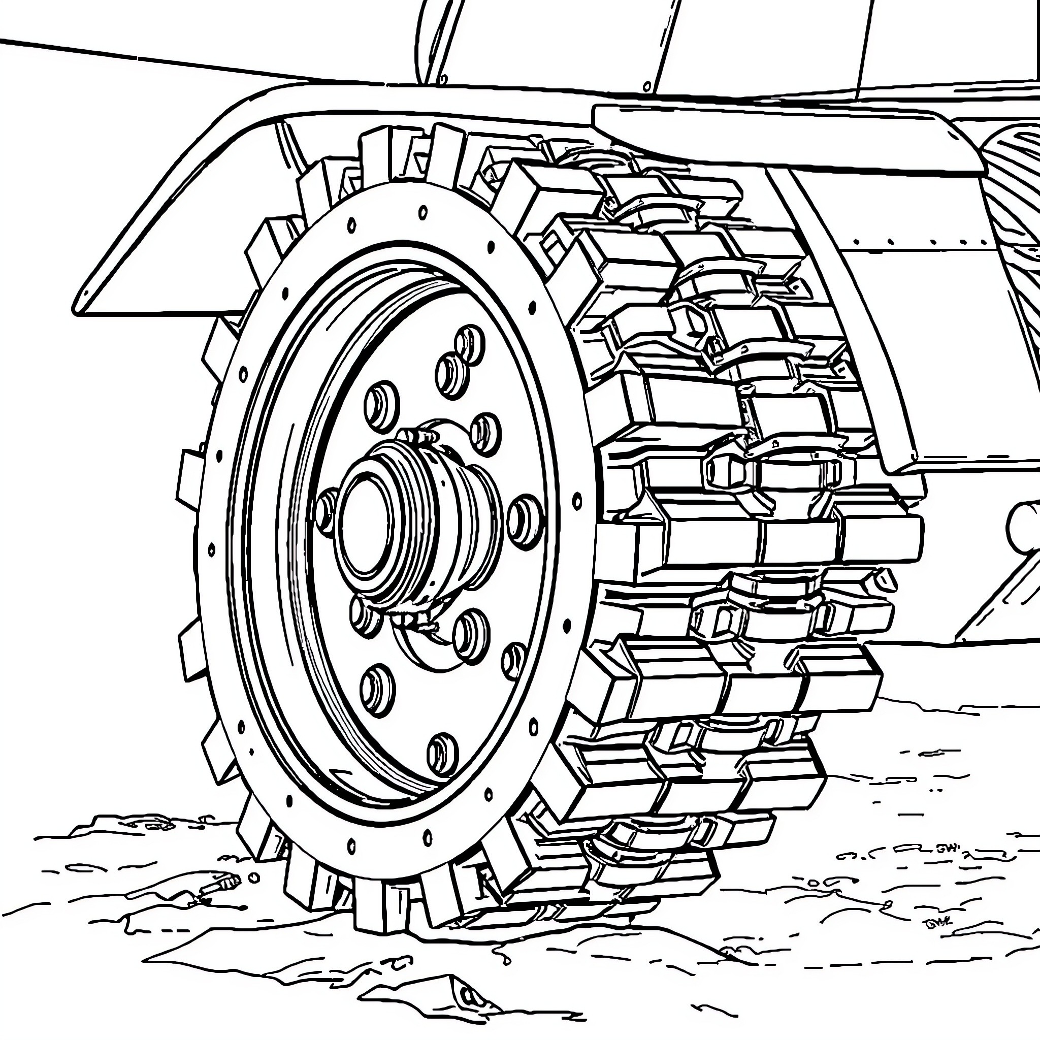 Tank wheel and treads in close-up view Coloring Page (free black-and-white line drawing printable PDF for all, from beginners to advanced learners, including children, teens, adults, and seniors)