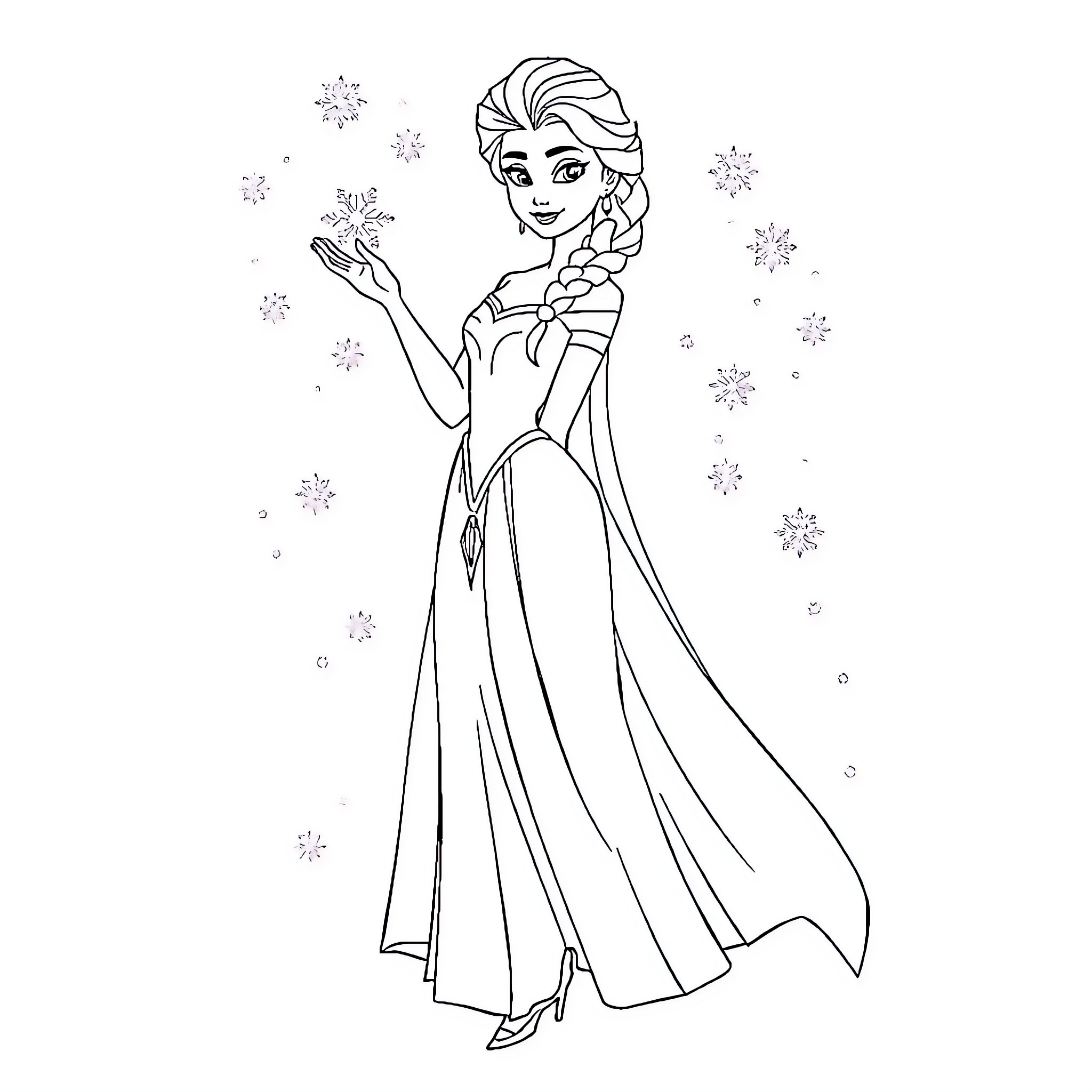Elsa's Snowy Enchantment Coloring Page (free black-and-white line drawing printable PDF for all, from beginners to advanced learners, including children, teens, adults, and seniors)