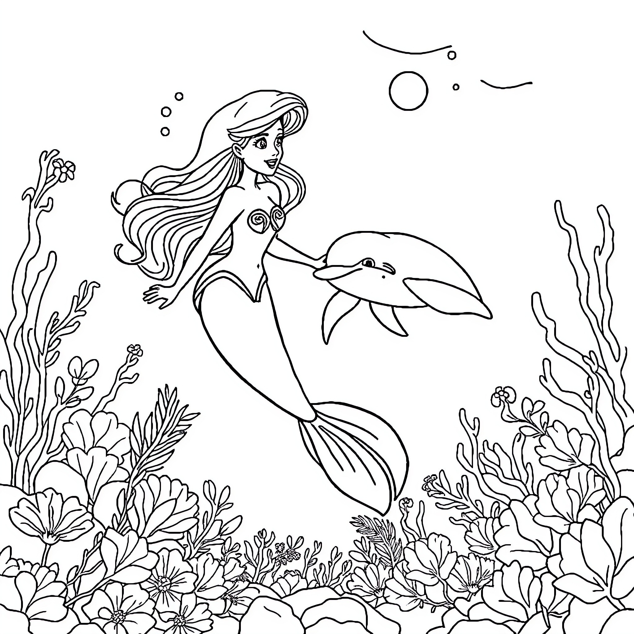 Mermaid playing with a dolphin in the underwater garden Coloring Page (free black-and-white line drawing printable PDF for all, from beginners to advanced learners, including children, teens, adults, and seniors)