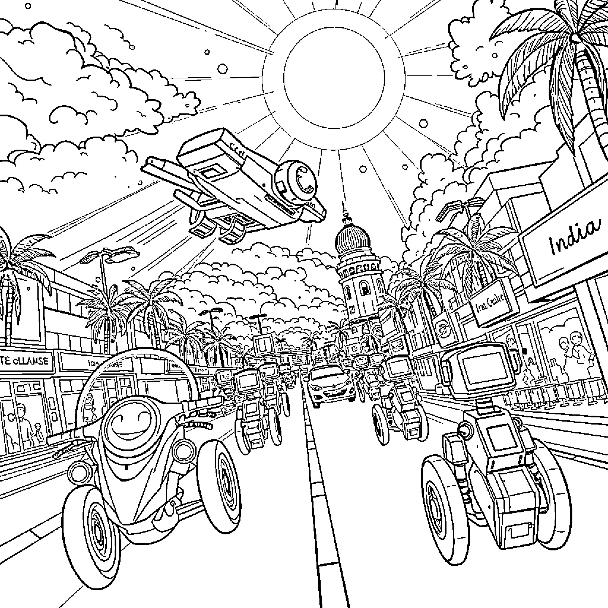 Flying Car Soaring Through a Vibrant City Skyline Coloring Page (free black-and-white line drawing printable PDF for all, from beginners to advanced learners, including children, teens, adults, and seniors)